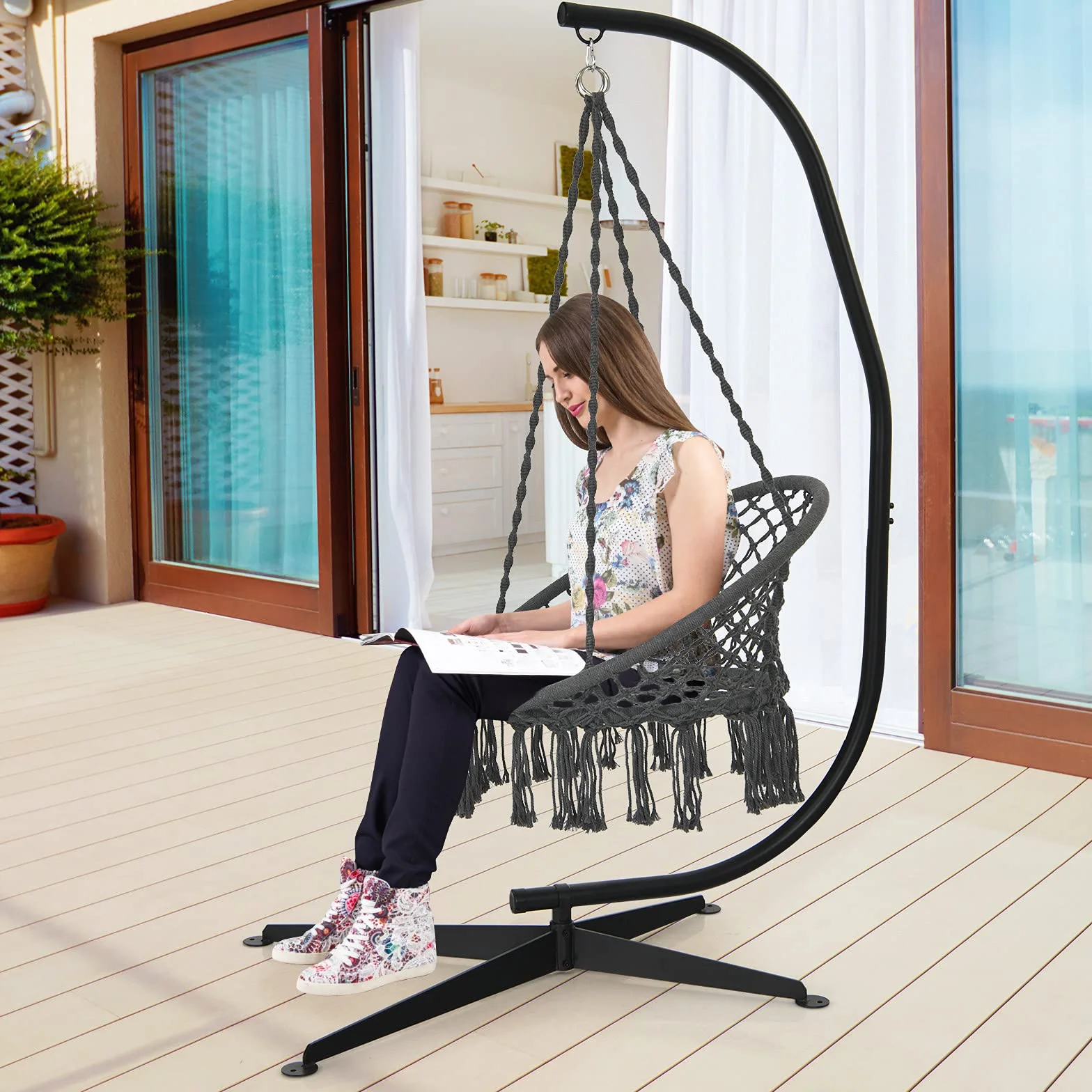 GIANTEX Fauteuil Suspendu Métallique 150 kg 111 x 84 x 207 cm Noir