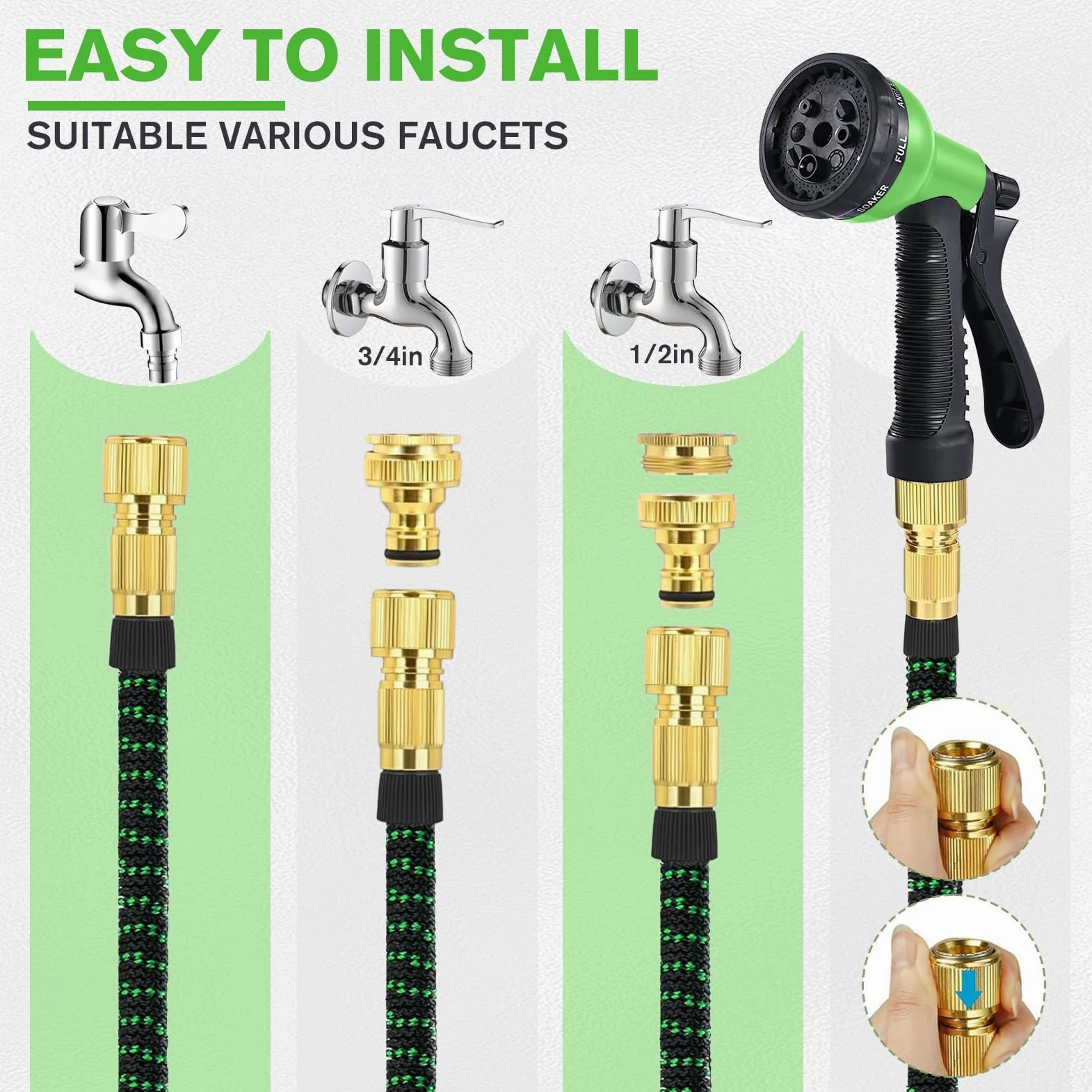 LINGKY Tuyau Arrosage Extensible 23m, Tuyaux d'arrosage Embout 8 Modes Pistolet, 3/4" 1/2" Raccord Adaptateur Robinet Cuisine, Tyau Arrosage Retractable Extensibilités Support Tuyau-arrosage Mural