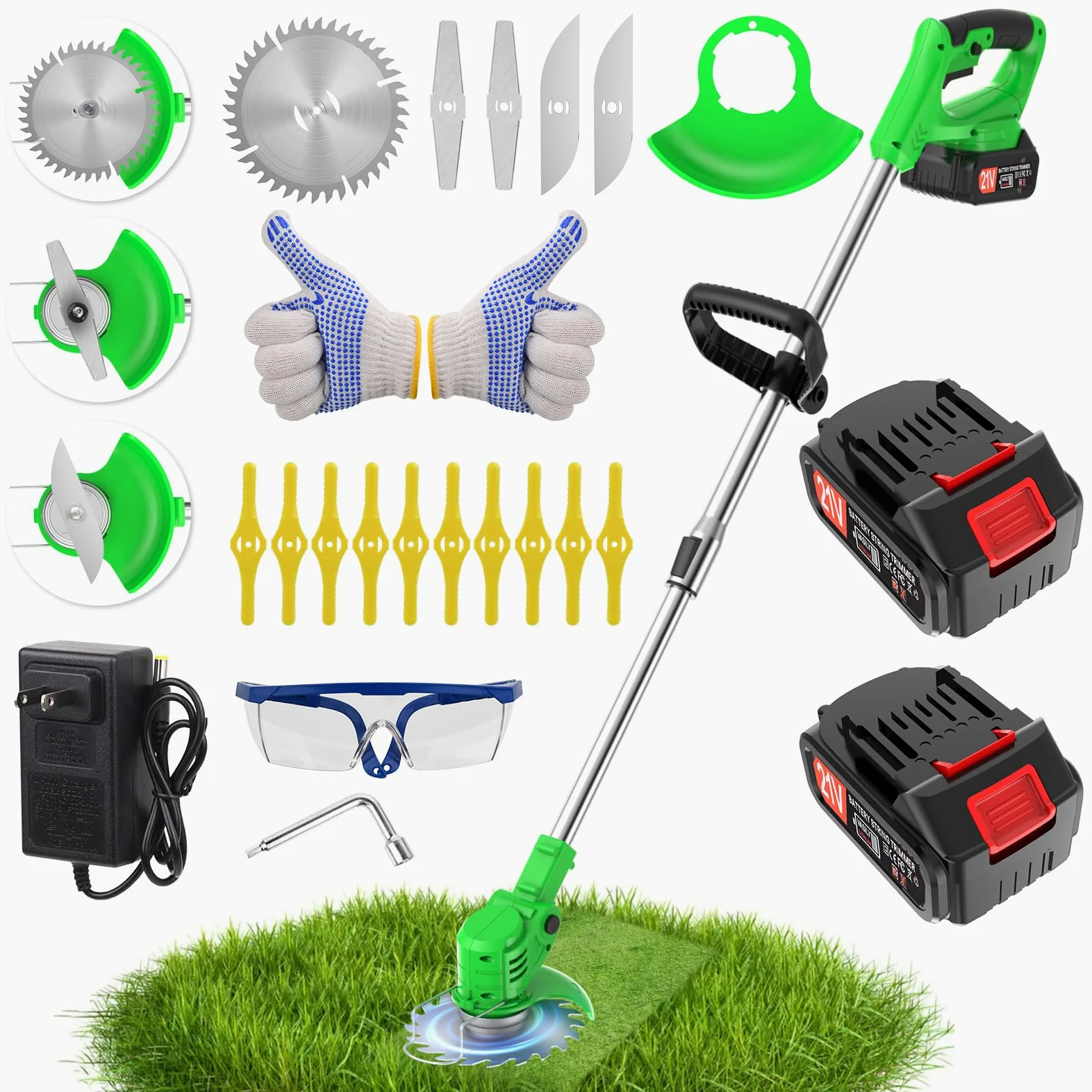 Désherbeur électrique sans fil, avec 2 piles, 1 chargeur, 3 types de lames, alimentation par batterie légère pour cour et jardin (vert)