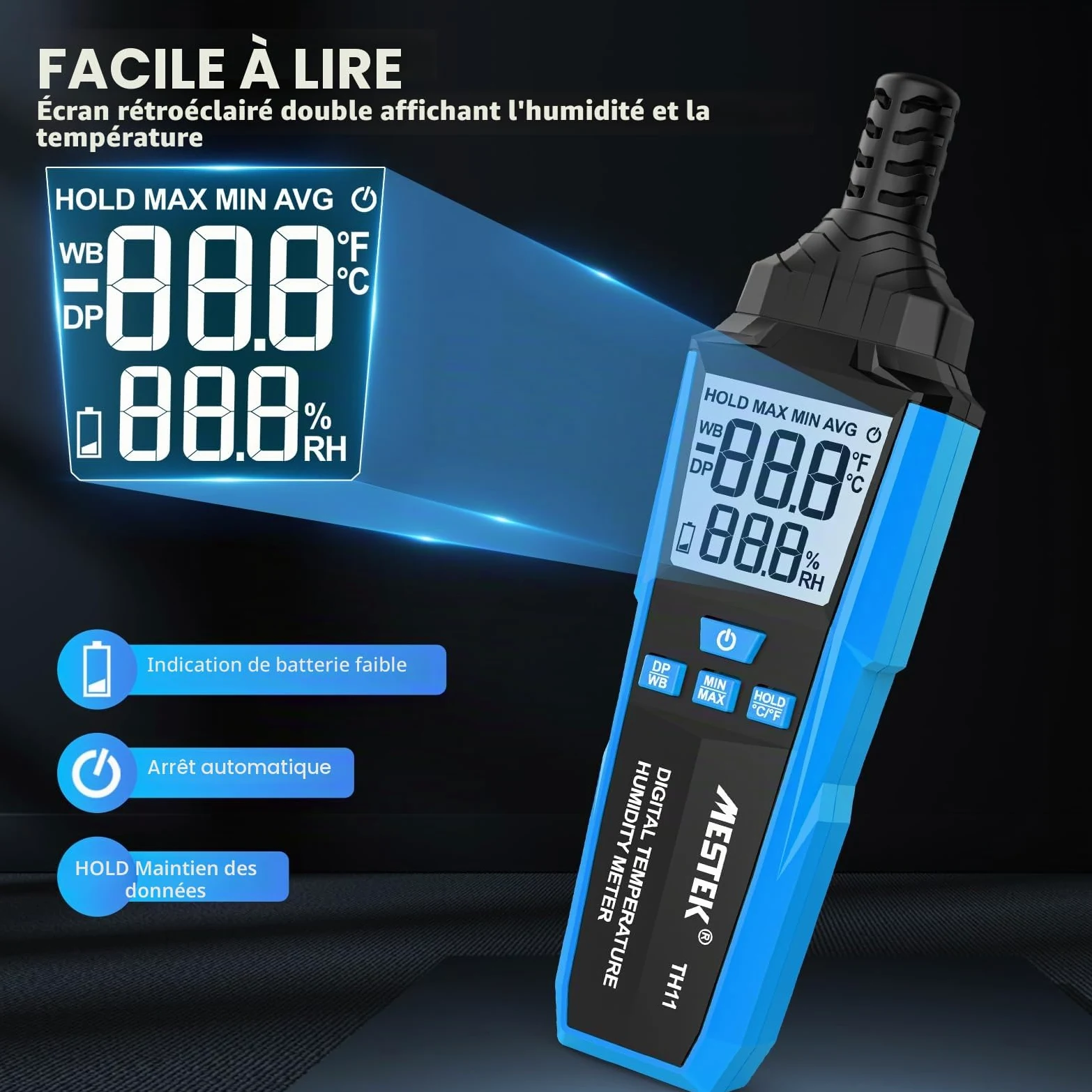 MESTEK Thermomètre Hygromètre Intérieur Extérieur, Thermo-Hygromètre Digital, Multifonctionnel à Haute Précision, pour Température/Humidité Ambiante, Température du Point de Rosée et Bulbe Humide