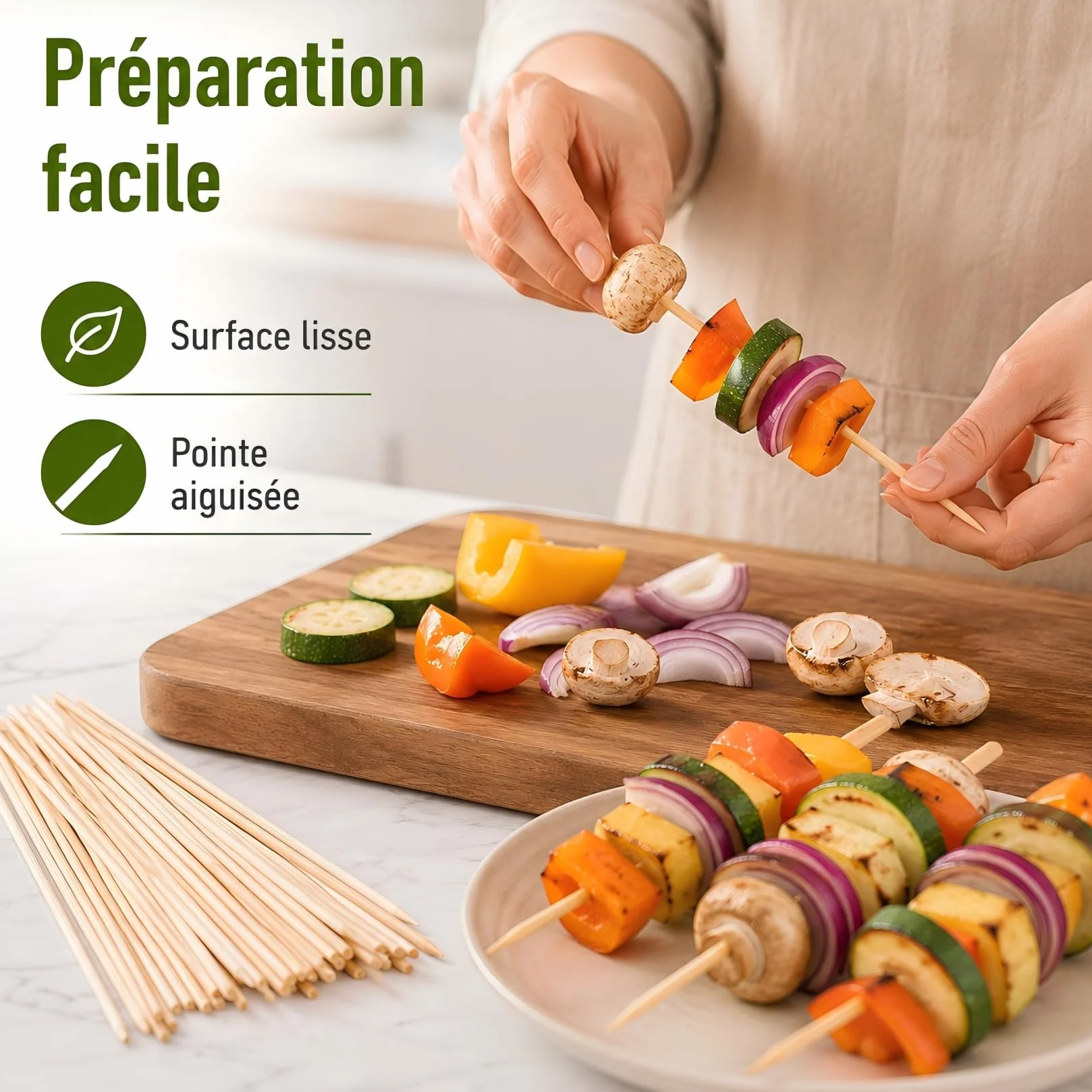 Lot de 100 Pics à Brochettes en Bois 3.5mm x 15cm pour Barbecue, Grillades, Fruits et Légumes