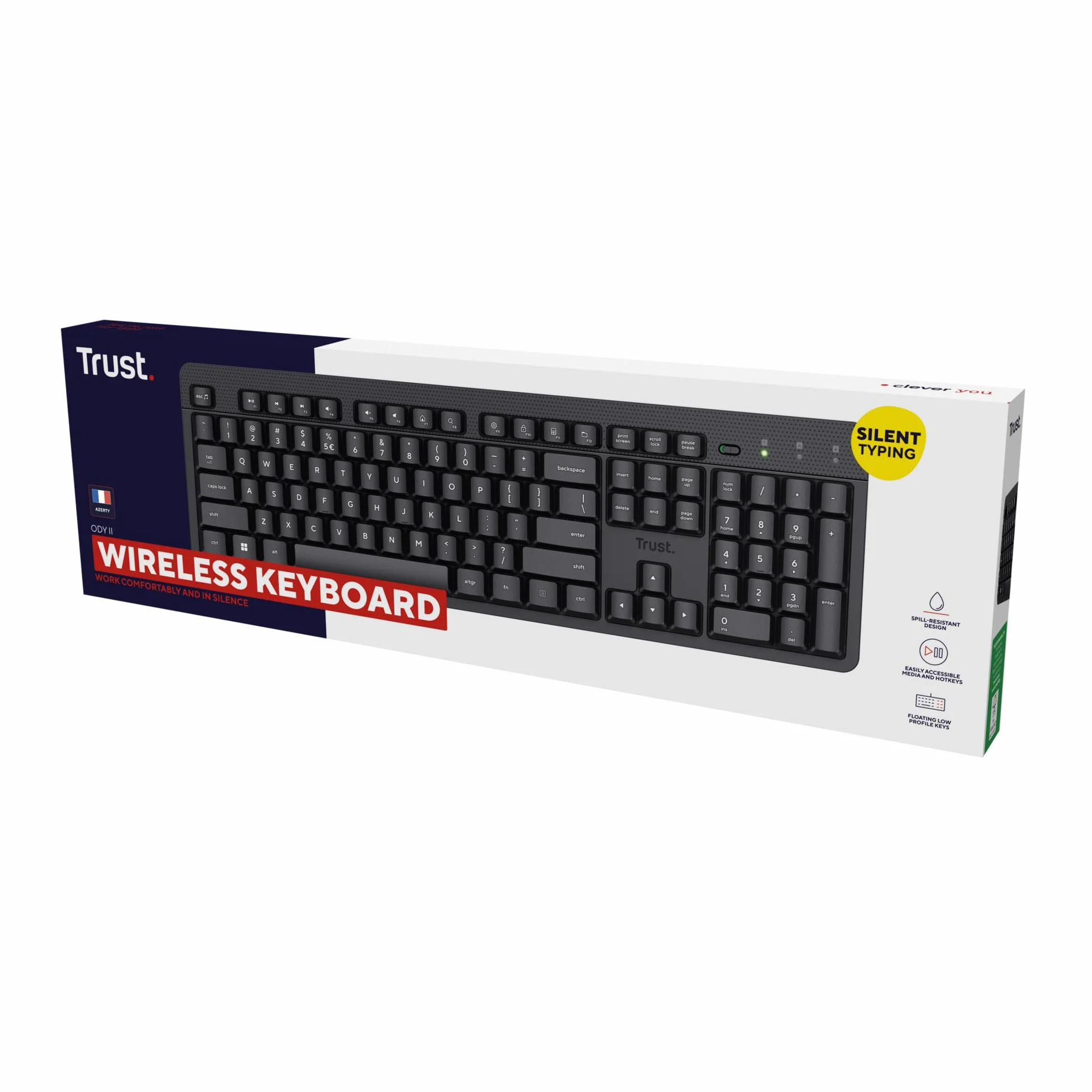 Clavier sans Fil Silencieux AZERTY Français Trust ODY II, Touches Plates Flottantes, Résistant aux Éclaboussures, Récepteur USB RF 2.4GHz, Noir
