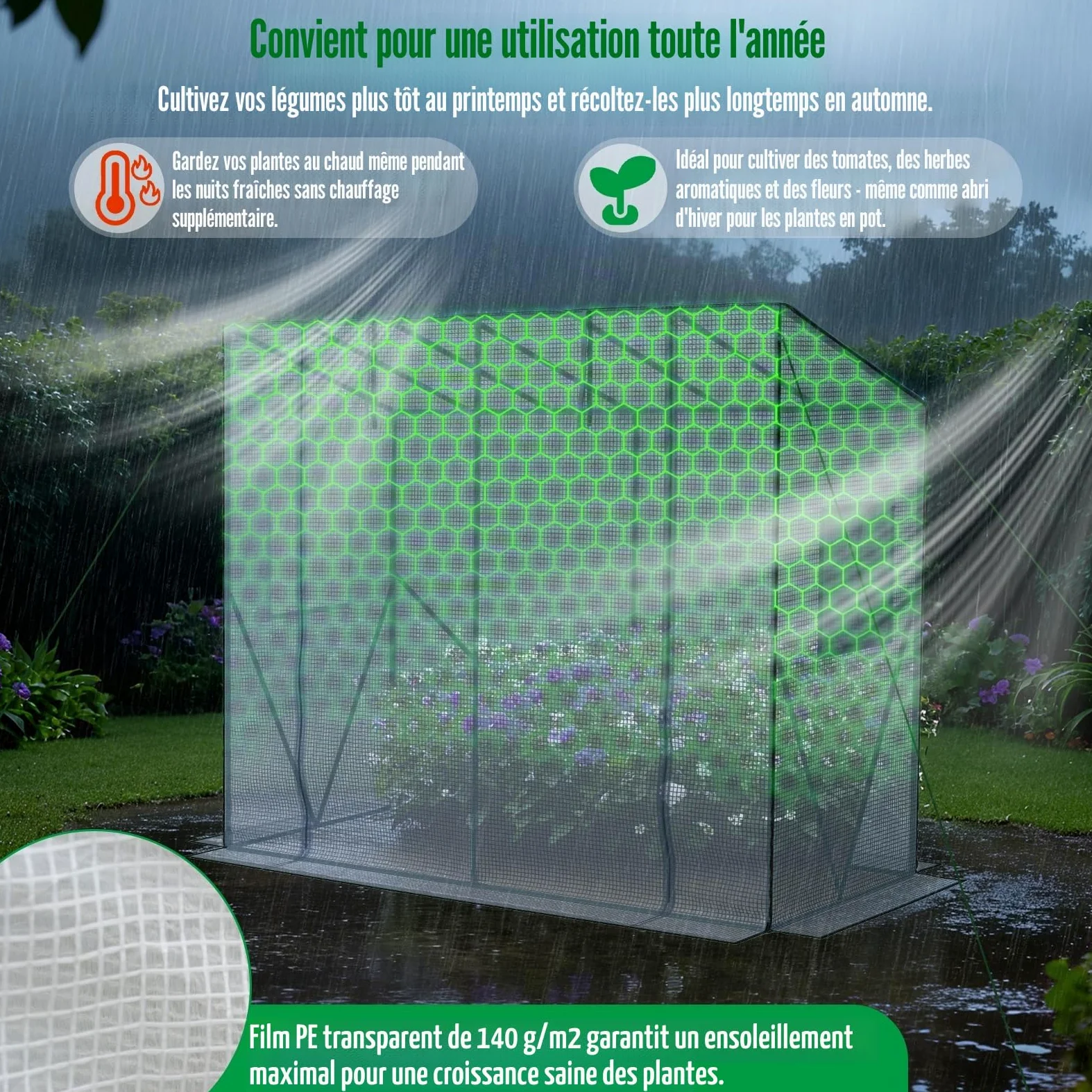 Velway Serre de Jardin Toutes Saisons - Serre d’Hivernage en PE 140 g/m² Imperméable avec Fenêtre d’Aération pour Tomates Légumes Plantes Fleurs - Toit Incliné Blanc Translucide 208x81x170/141cm