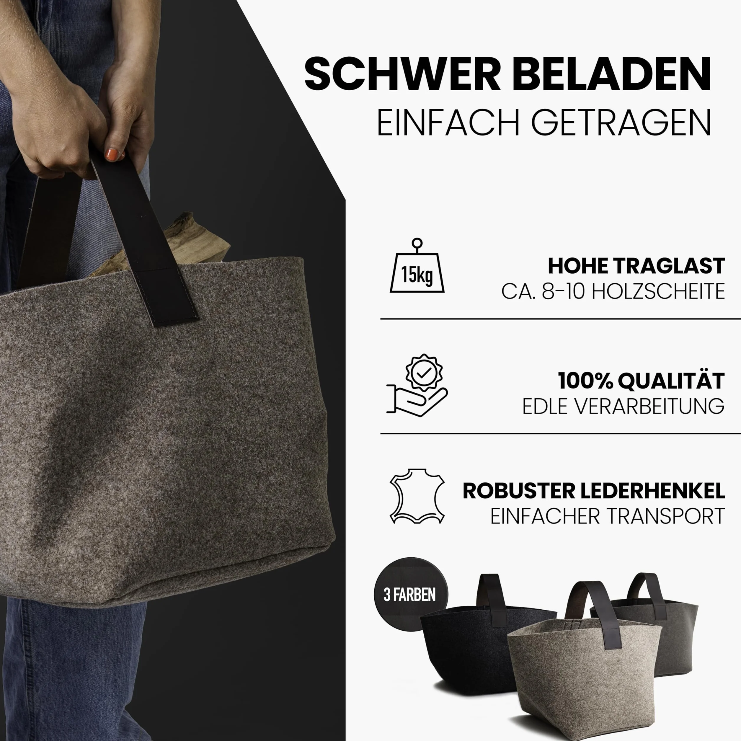Panier à bois de cheminée en feutre Designer 40L Fabriqué en Allemagne Beige