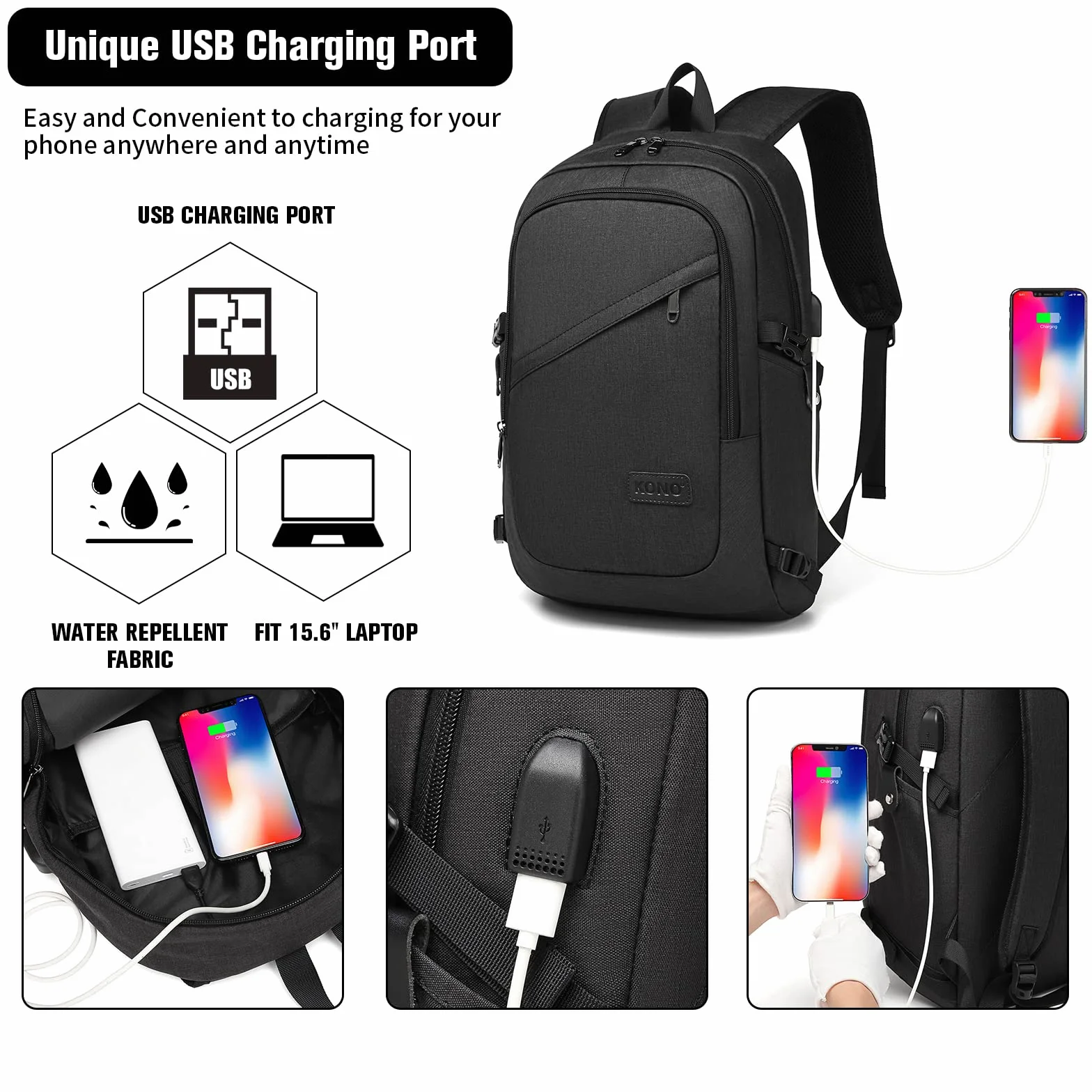 Sac à Dos Ordinateur Portable 15.6 Pouces Antivol avec Cadenas et Port USB, Imperméable Voyage Travail Vélotaf Scolaire Homme Femme Noir