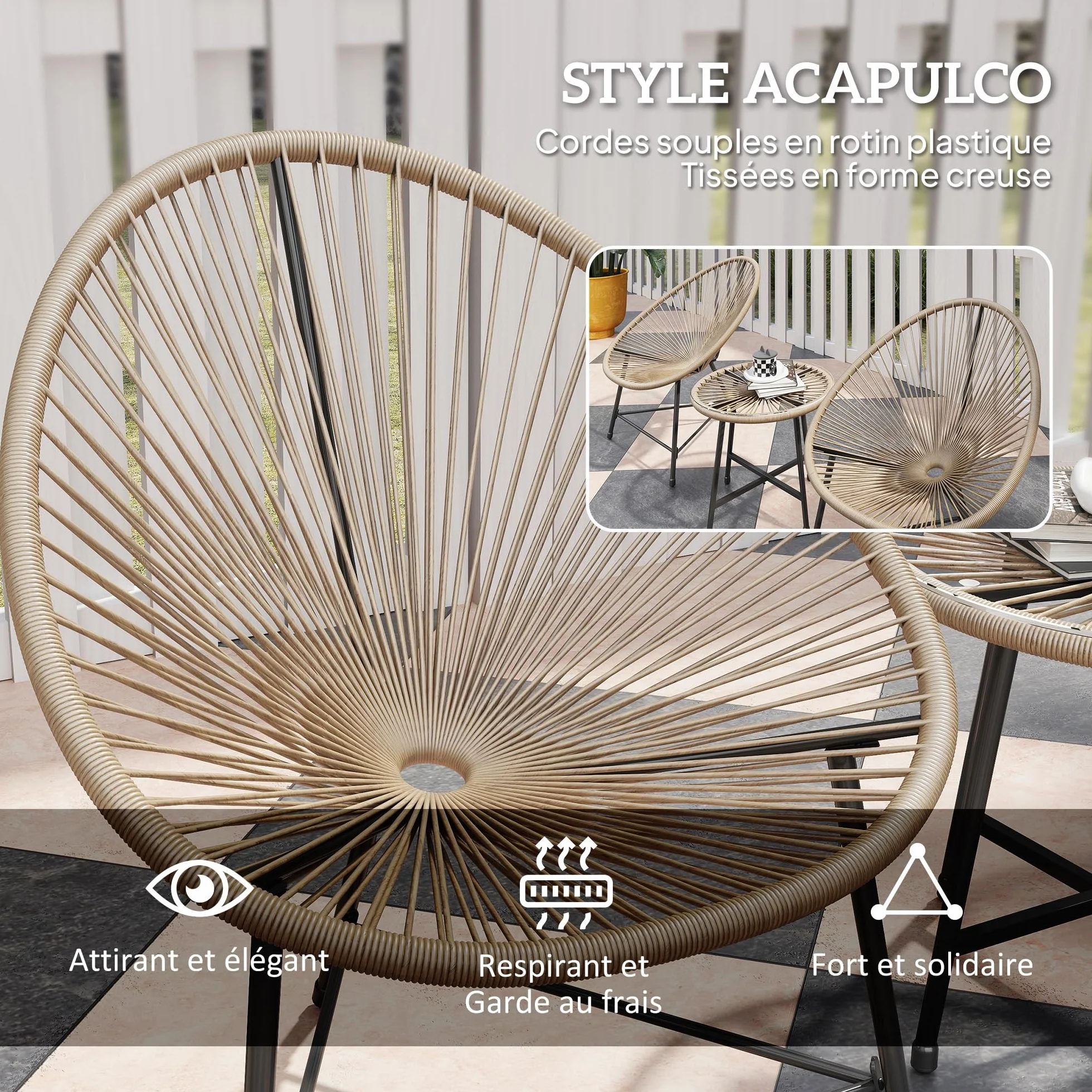 Outsunny Salon de Jardin extérieur en résine tressée 2 Personnes, Table avec 2 chaises, Plateau en Verre trempé, Naturel