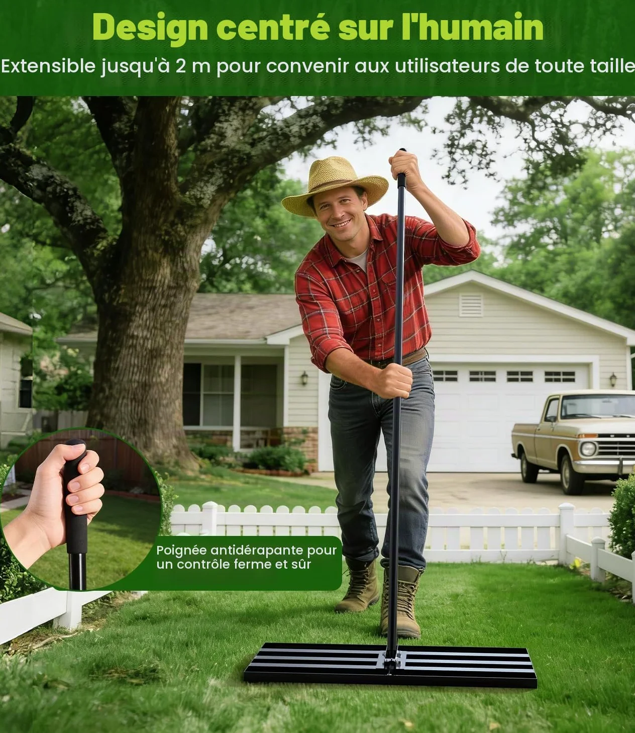 Râteau de Nivellement de Pelouse Jardin Aménagement, 2100x 430x 300 mm Râteau Niveleur Inoxydable avec Poignée de 2 m de Long, Robuste Nivellement Rateau Les Cour arrière et Les Terrain de Golf