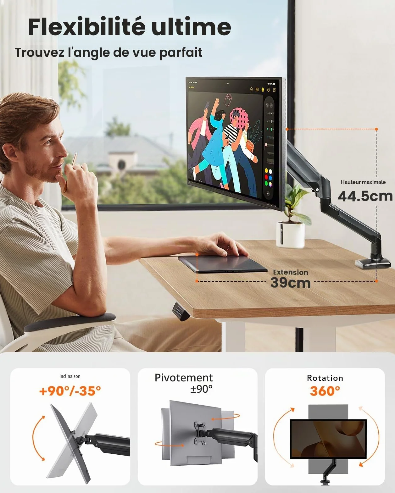 ErGear Support Ecran PC VESA 75x100 13-34 Pouces Rotation 360° Réglable Hauteur 10 KG Noir Gaming