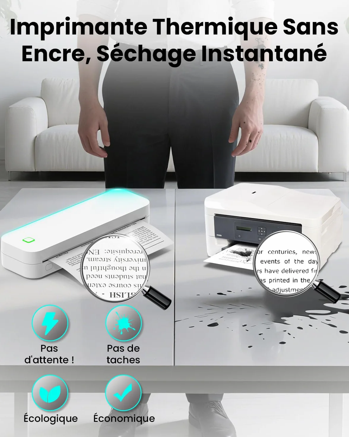 Imprimante Thermique Portable A4 sans Encre Bluetooth Compatible Android iOS Ordinateur