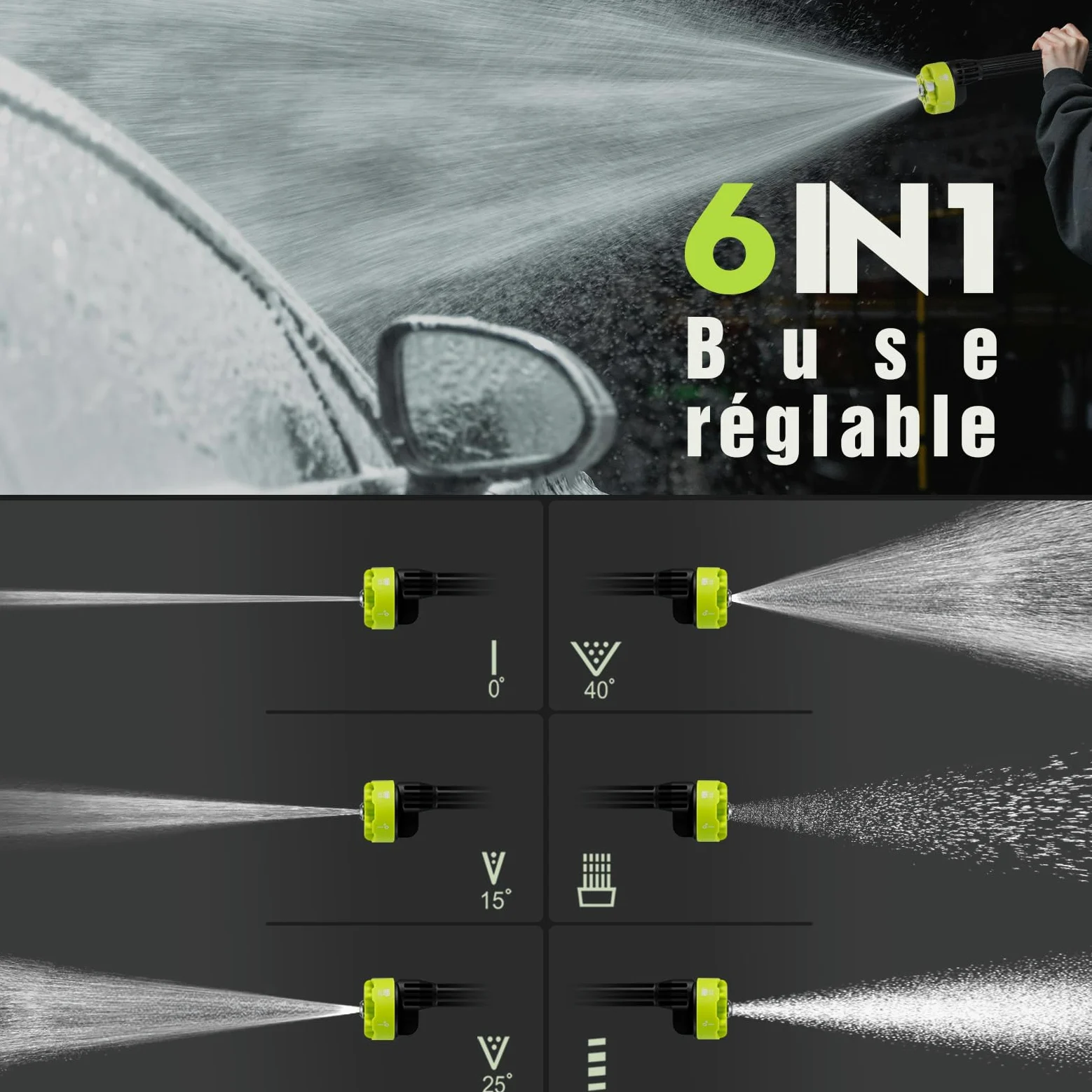 Hancaner Nettoyeur Haute Pression à Batterie, 35 Bar, écran LED, avec 6 en 1 Multi-buse de pulvérisation, 2 * 3.0 Ah Batterie et Chargeur 5M Tuyau pour Voiture, Maison, pelouse, Jardin, clôture
