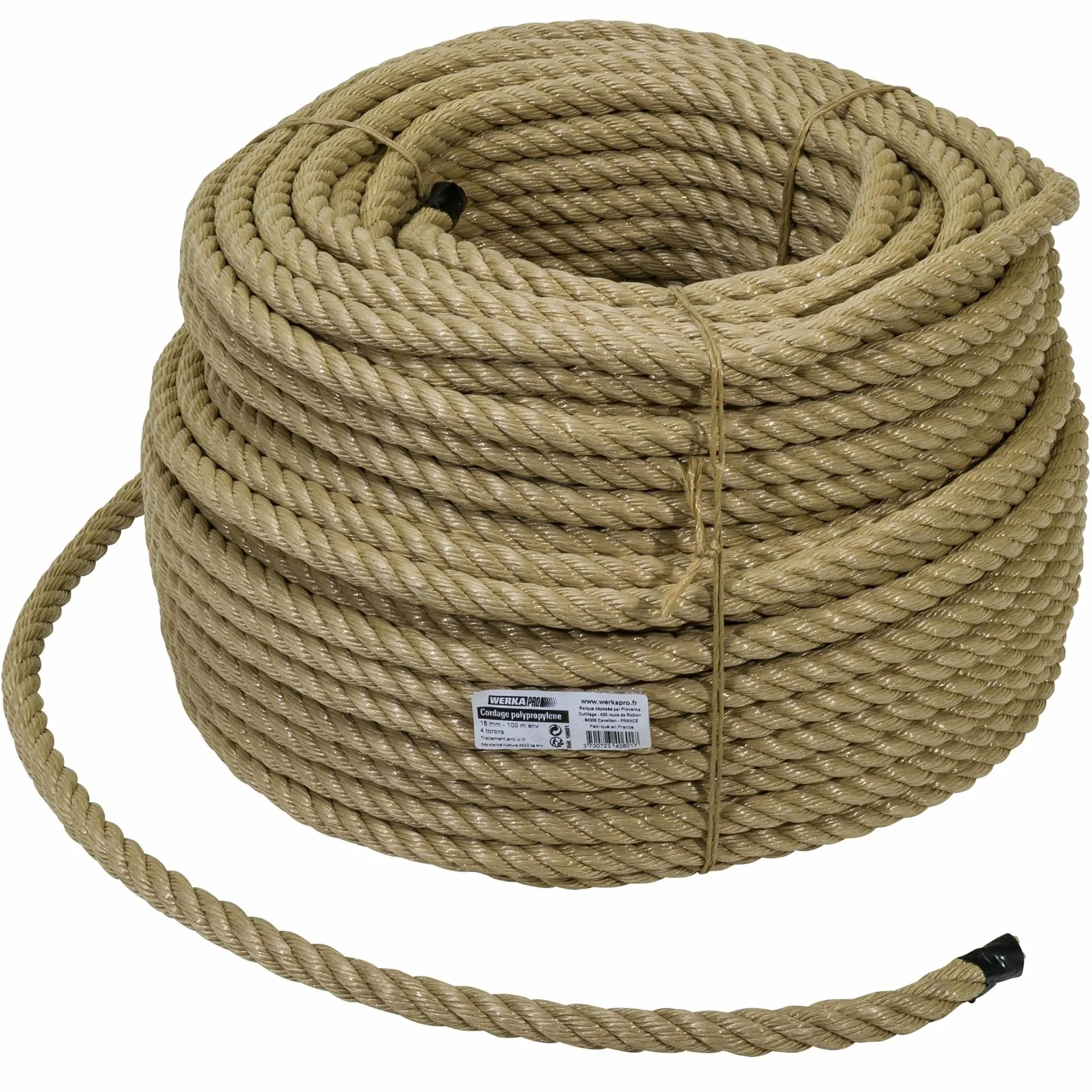 WERKA PRO Corde Polypropylène Ø18mm x 100m - Résistance 4510kg - Traitement Anti-UV - 4 Torons - Usage Arrimage Fixation Bric