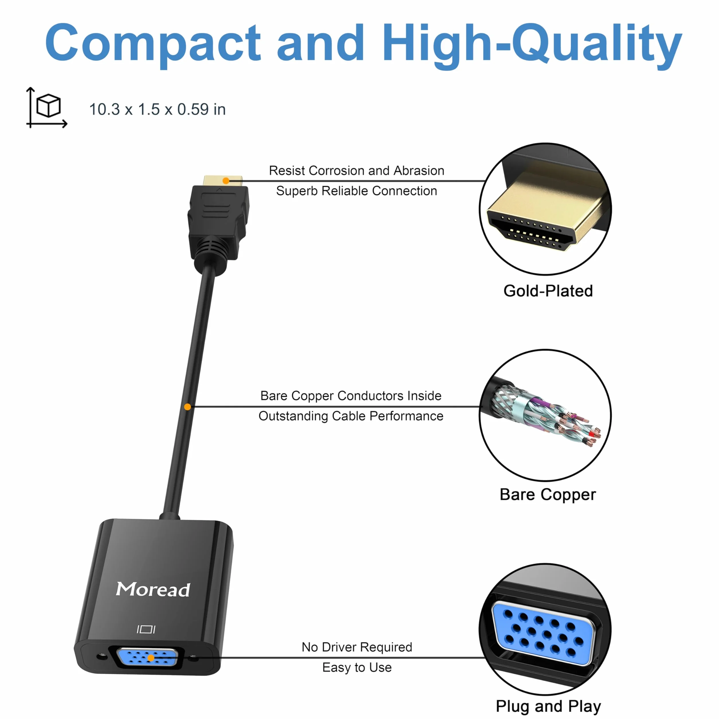 Moread Adaptateur HDMI vers VGA mâle vers femelle Noir