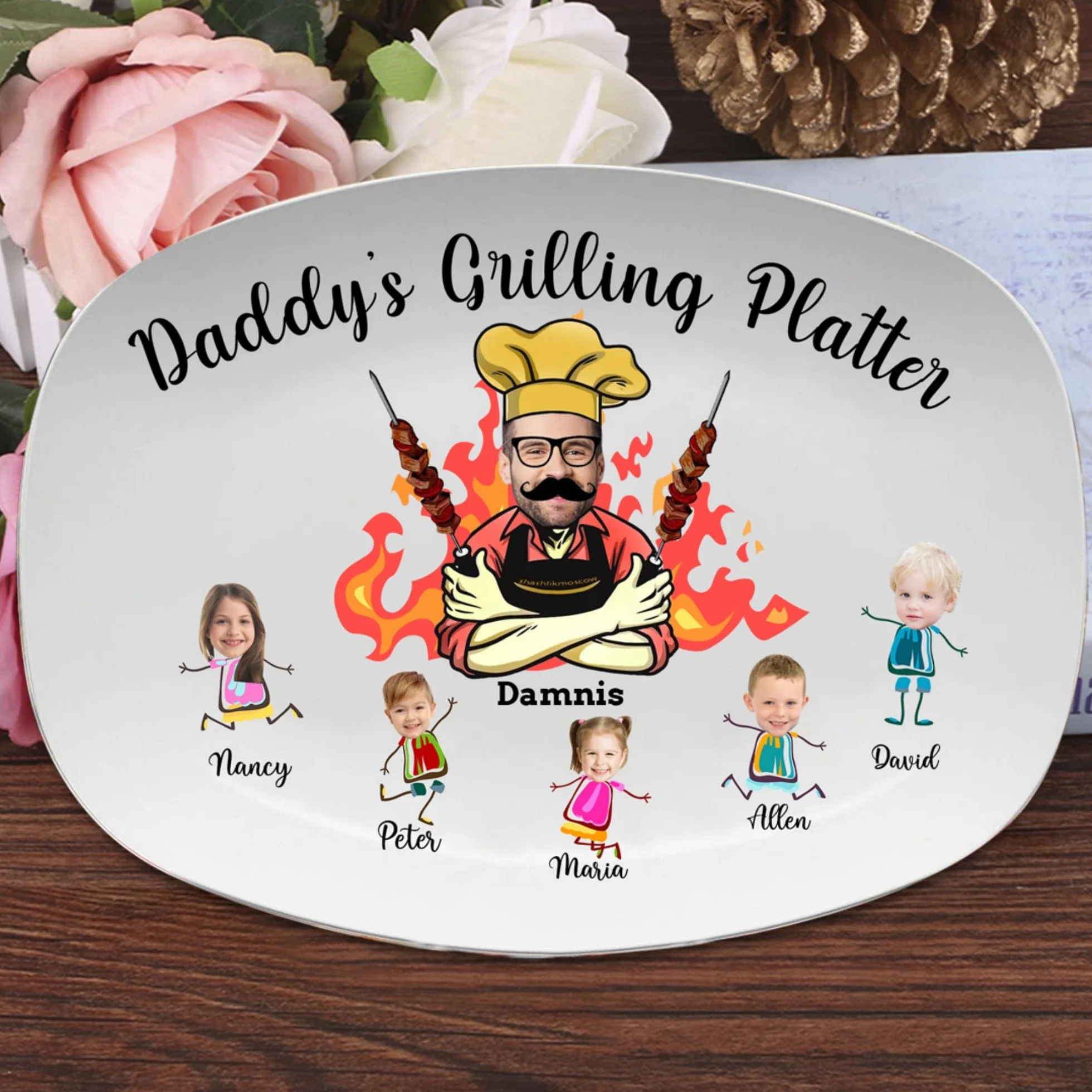 Plaque à griller personnalisée drôle avec visage de papa, photo et nom, cadeau fête des pères Noël anniversaire