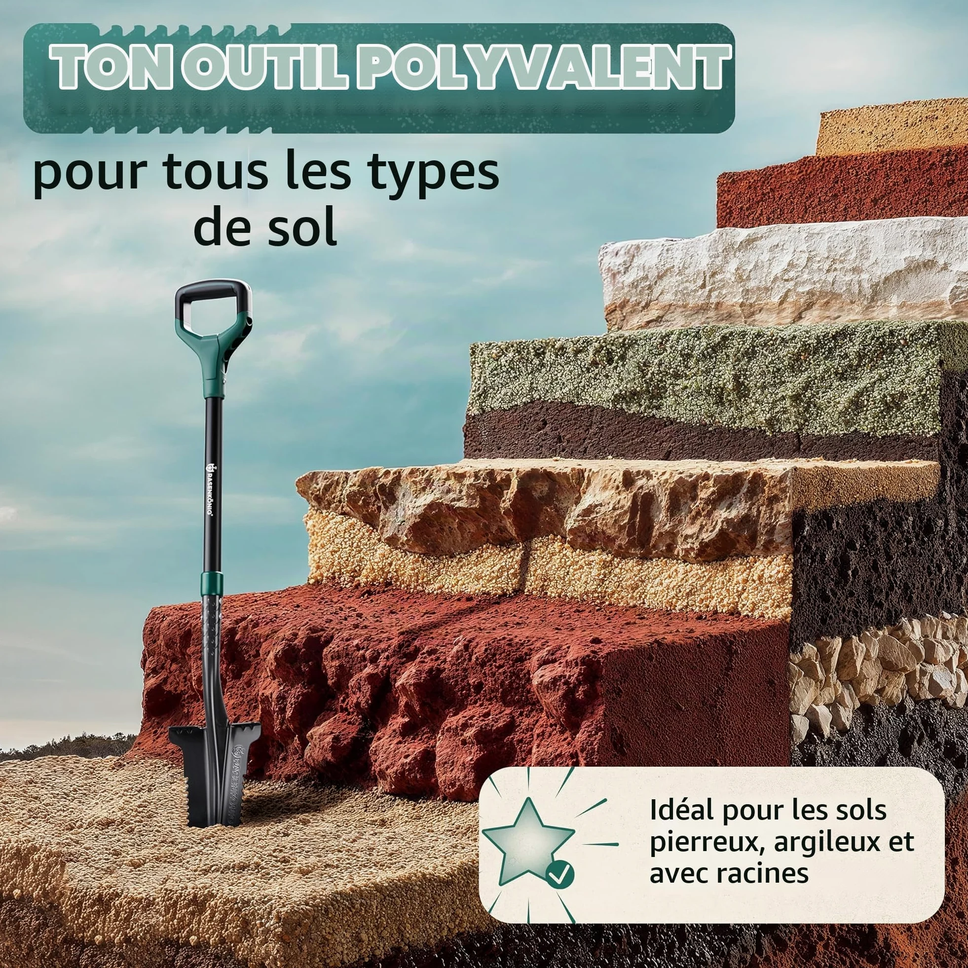 Bêche Pro avec scie à racines [vainqueur du test] Bêche pour le jardinage | avec 20 dents de scie, poignée ergonomique et large bord de marche | Bêche de jardin stable pour creuser plus