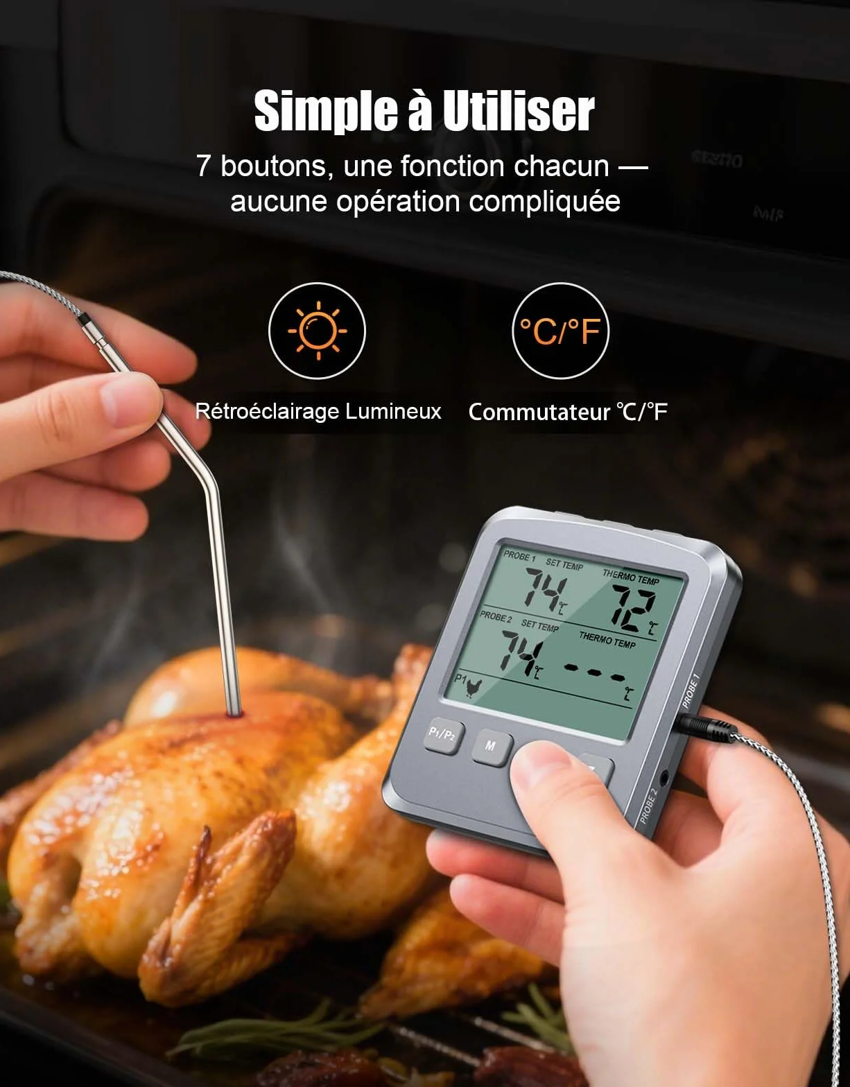 Thermomètre Cuisine Numérique Double Sonde avec Grand Écran LCD, Alarme et Lecture Rapide