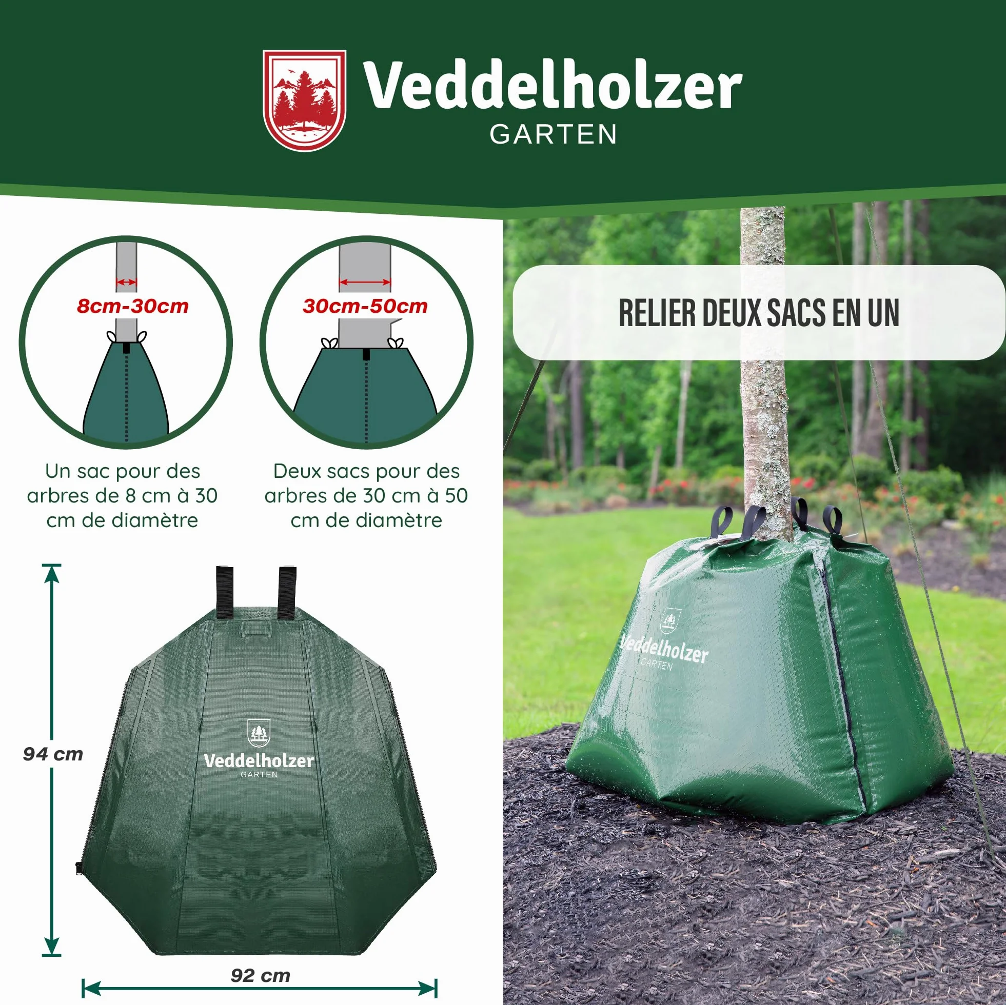Lot de 2 sacs d'irrigation pour arbres 75 L, fermeture éclair combinable, robuste et résistant aux intempéries