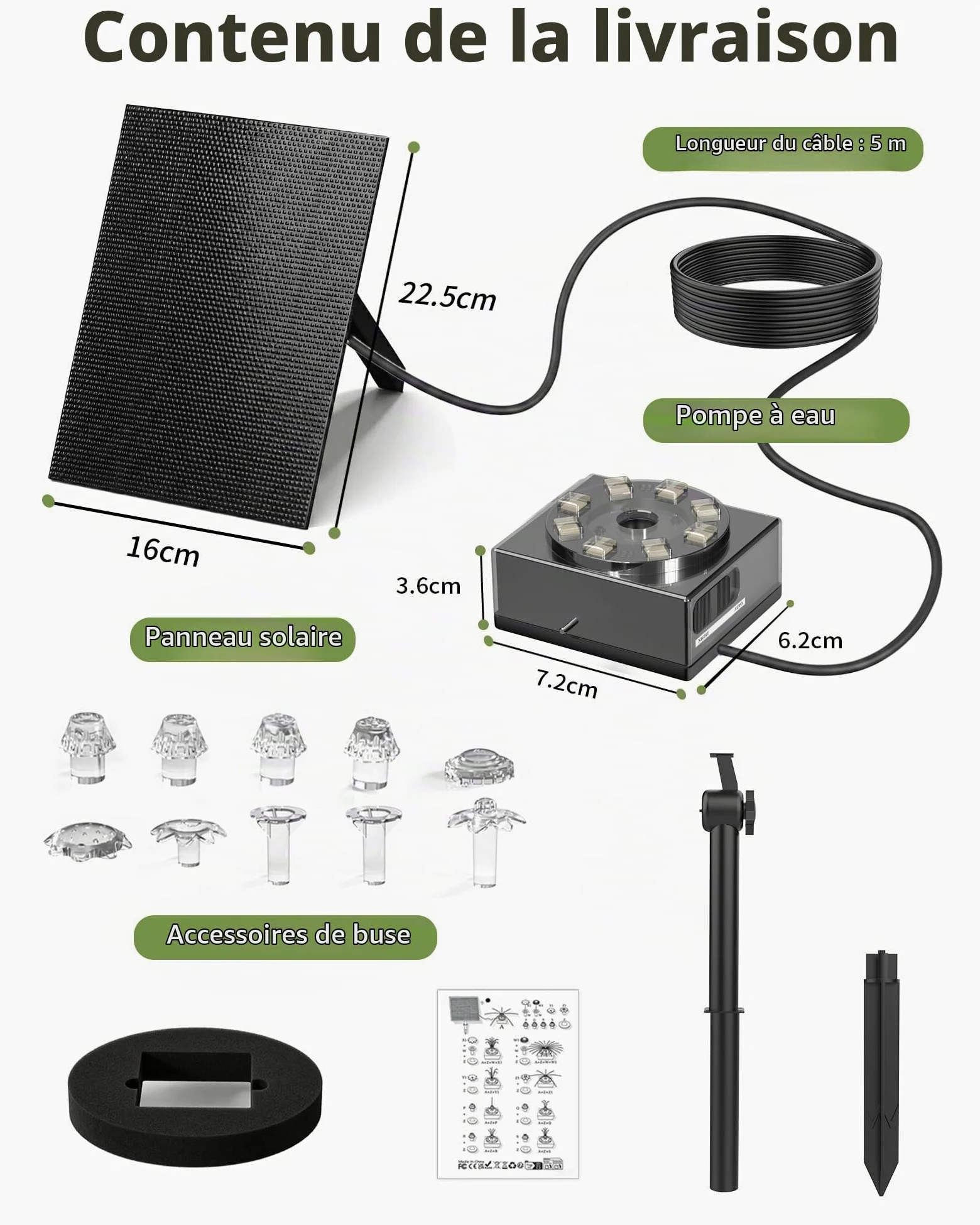 Pompe de bassin solaire 8W avec batterie 1800mAh – Fontaine solaire pour l’extérieur, idéale pour bain d’oiseau, petit bassin et jeu d’eau – 10 styles de jet et 8 LED colorées