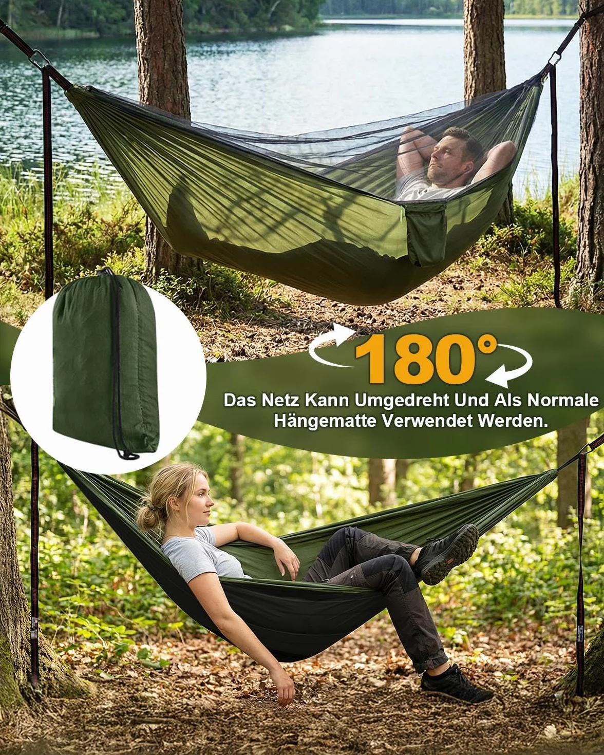 Hamac de Camping 290x140 cm avec Moustiquaire, Capacité 300kg, Nylon Parachute 210T, Léger