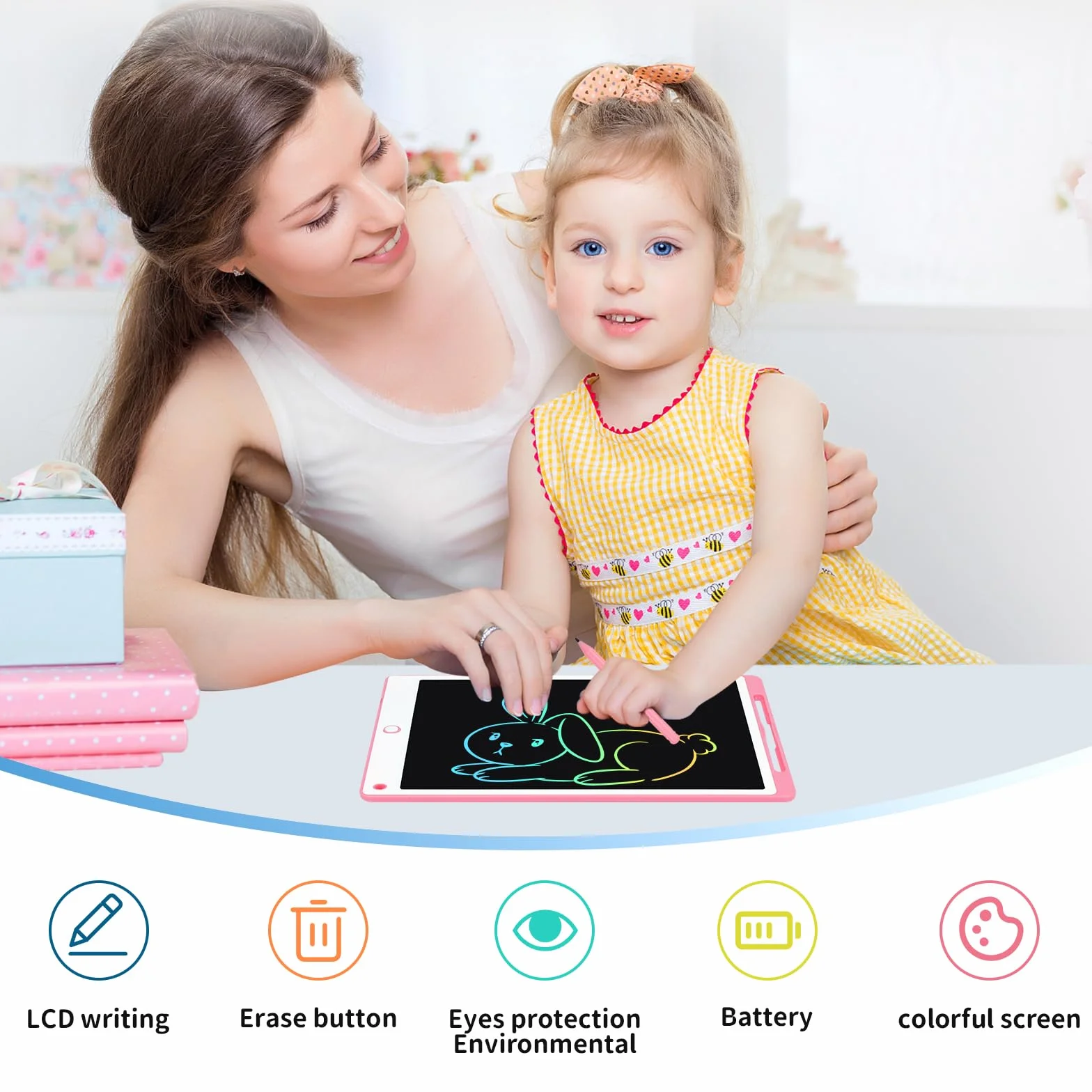 Tablette Dessin Enfant 10.5 Pouces Écriture LCD avec Bouton Suppression Interrupteur Verrouillage Rose