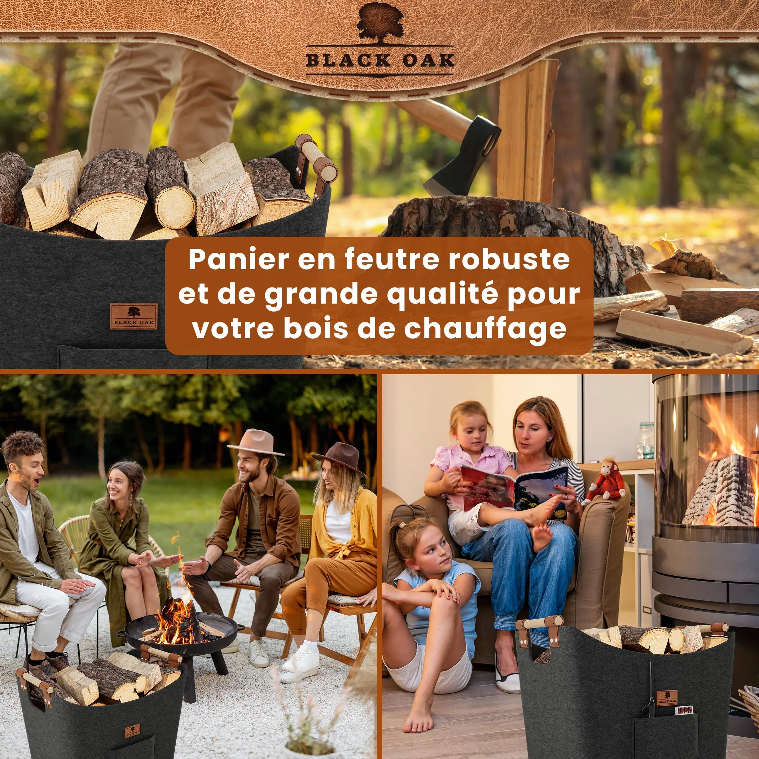 BLACK OAK Montana XL Panier en feutre et bois pour bois de chauffage, cuir véritable, poignées larges, poche avant extra grande, pliable