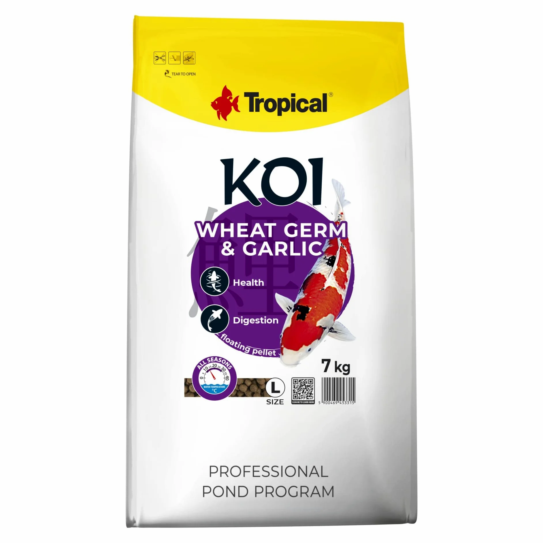 Tropical Koi Wheat Germ & Garlic Pellet Size L 7kg - Aliment Quotidien pour Tous Les Poissons d'étang, avec ajout d'ail, Gros granulés