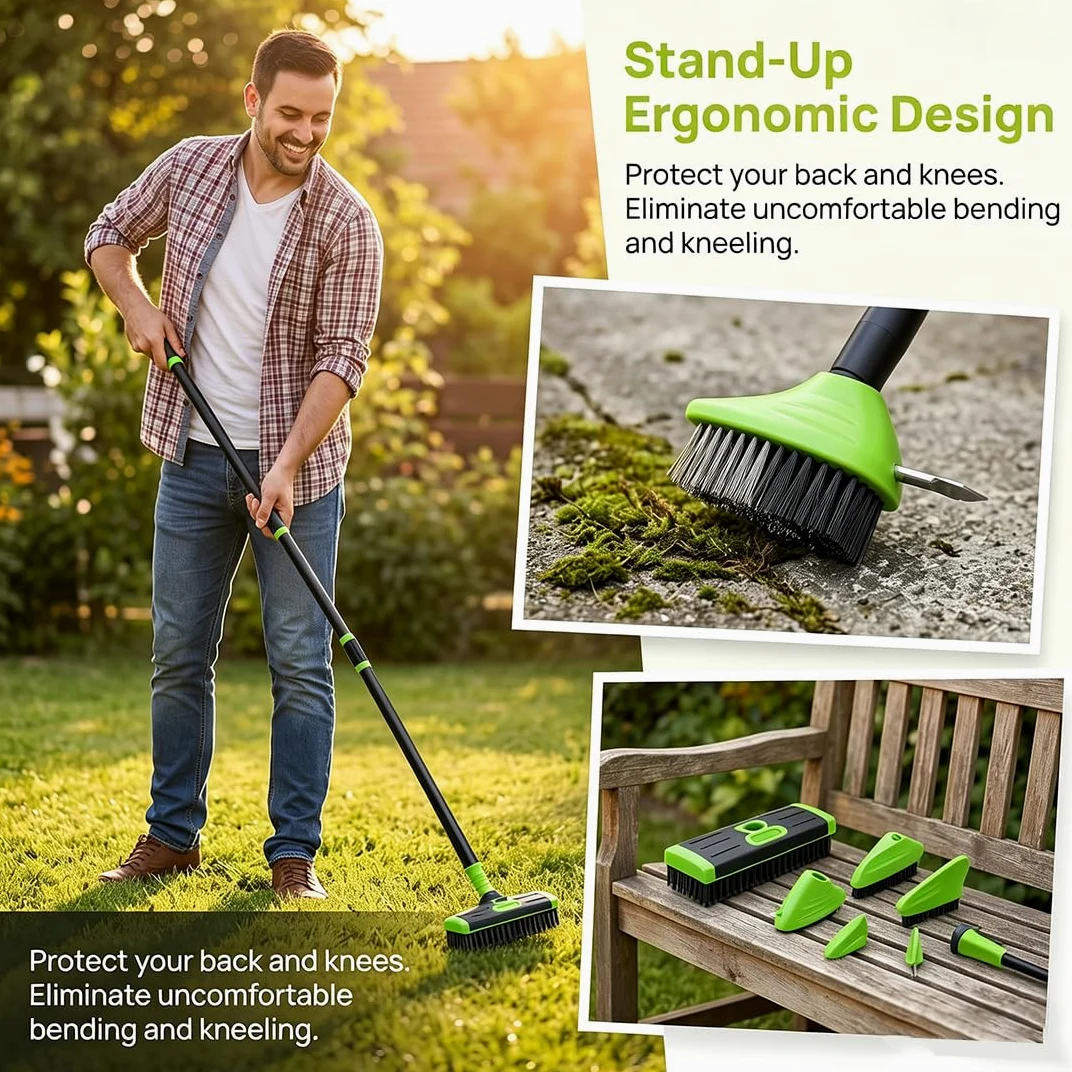 Brosse Désherbante de Terrasse 3-en-1 avec Manche Télescopique 80-140 cm, Brosse de Pavage en Fil d'acier, Grattoir à Joints et Balai pour Pavés, Allées, Terrasses (Orange)