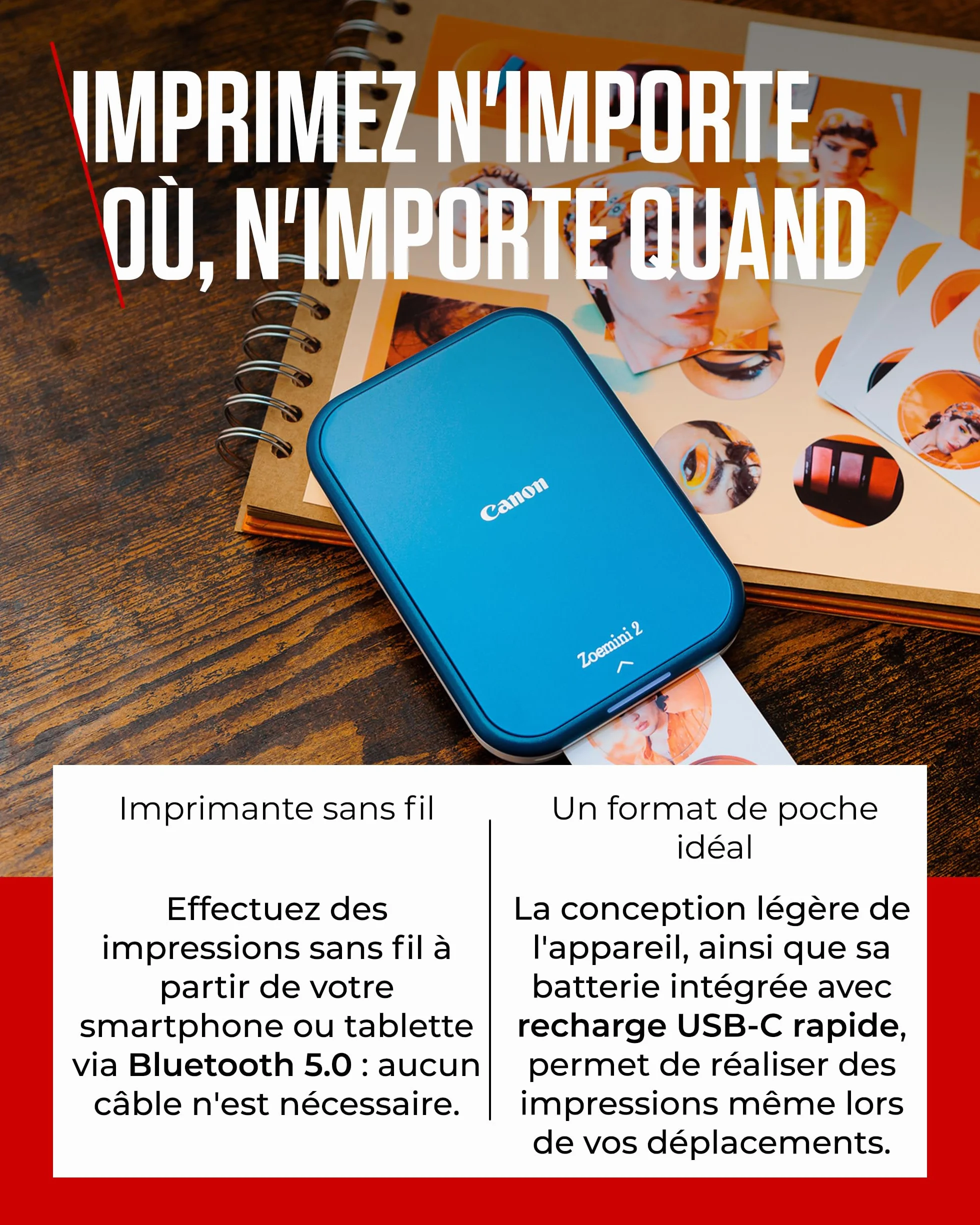 Canon Zoemini 2 Imprimante Photo Portable Bluetooth USB-C Rechargeable, Kit avec 20 Feuilles Autocollantes ZP-2030 + 10 Feuilles Circulaires 3,3 cm Zink, Bleu