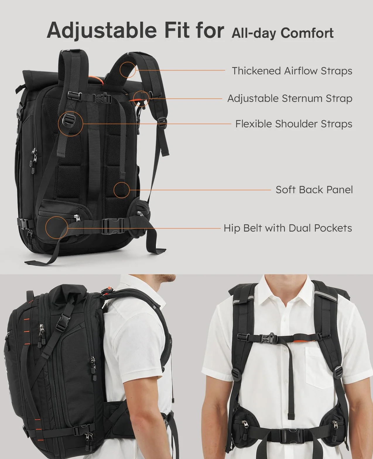 Tolaccea Sac à Dos Voyage Cabine Avion 40L-55L Grand Sac à Dos Roll-Top PC 17,3" Imperméable TSA Antivol