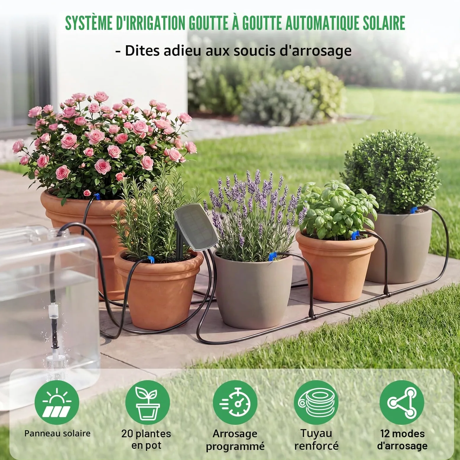 Arrosage Goutte à Goutte Solaire pour 20 Plantes, Kit D'irrigation Solaire Arrosage Automatique avec 12 Modes et 20M Tuyau Arrosage pour Vacances Jardin Balcon Greenhouse