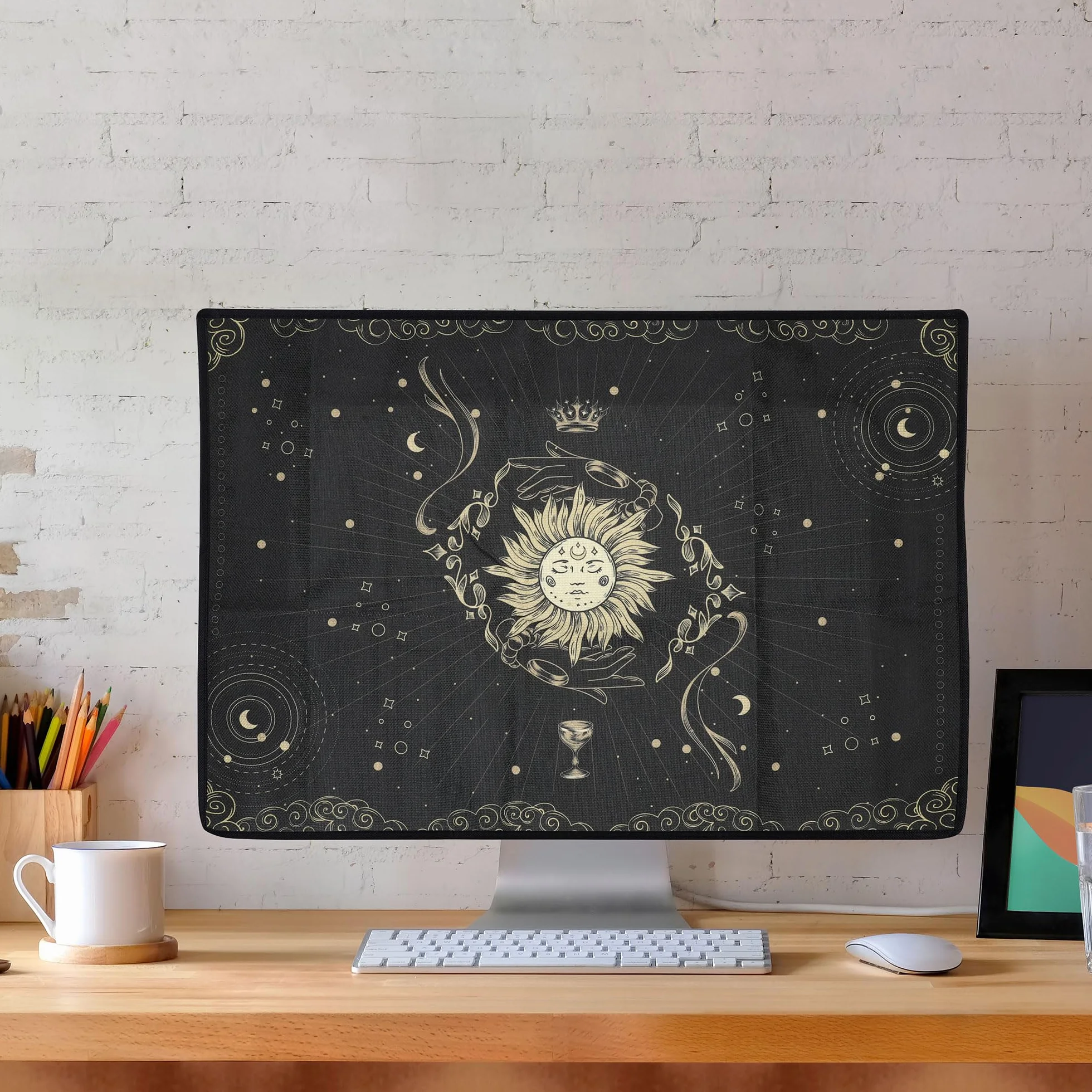 kwmobile Housse écran ordinateur compatible 27-28" moniteur protection PC en lin bleu foncé jaune noir