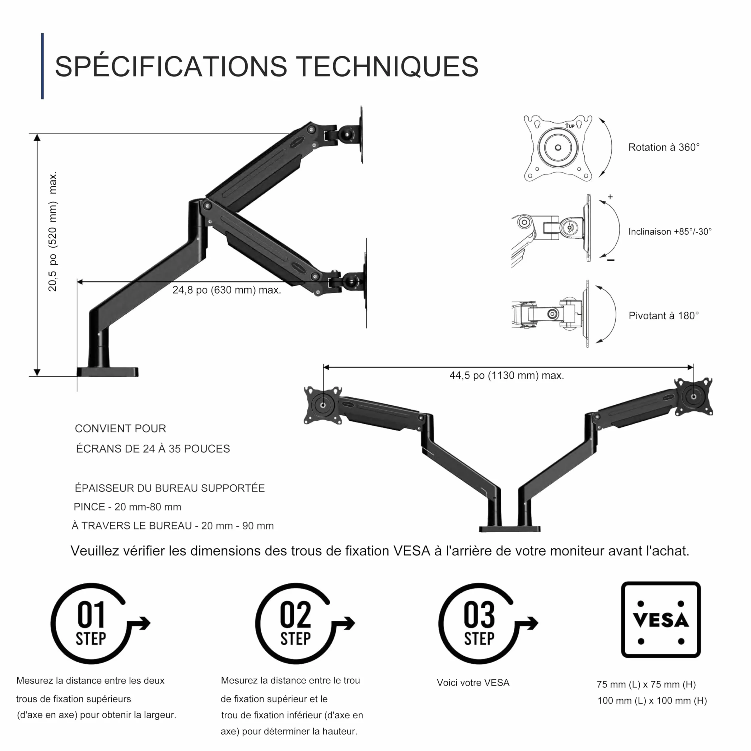 Invision Support Écran PC Bras Double 24-35 Pouces VESA 75/100mm Réglable en Hauteur MX900