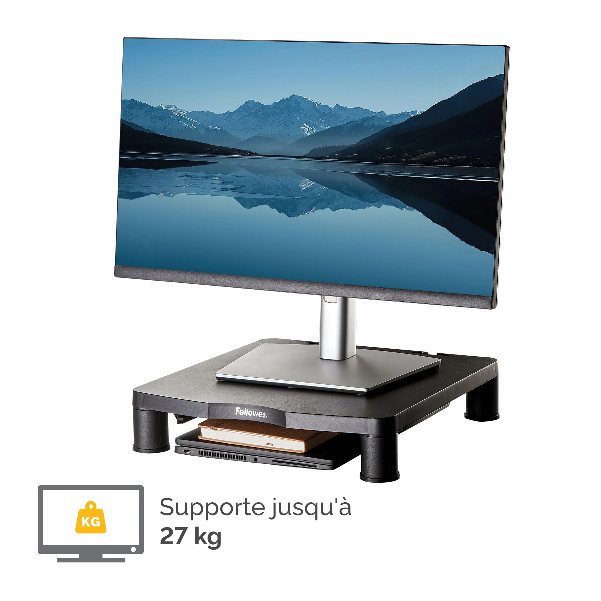 Fellowes Support d'écran Everyday Noir Réglable en Hauteur 3 Niveaux Ergonomique Gestion des câbles Charge Max 27 kg