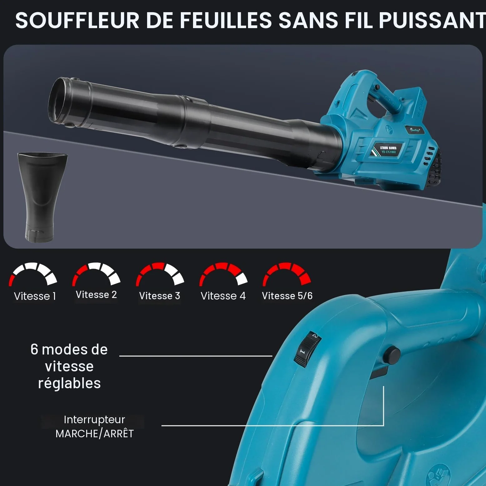 Waitley Souffleur pour Batterie Makita 18V, 297 km/h, 6 Vitesses | Souffleur sans fil léger avec 6 vitesses, tube amovible et fixation murale; batterie et chargeur non inclus