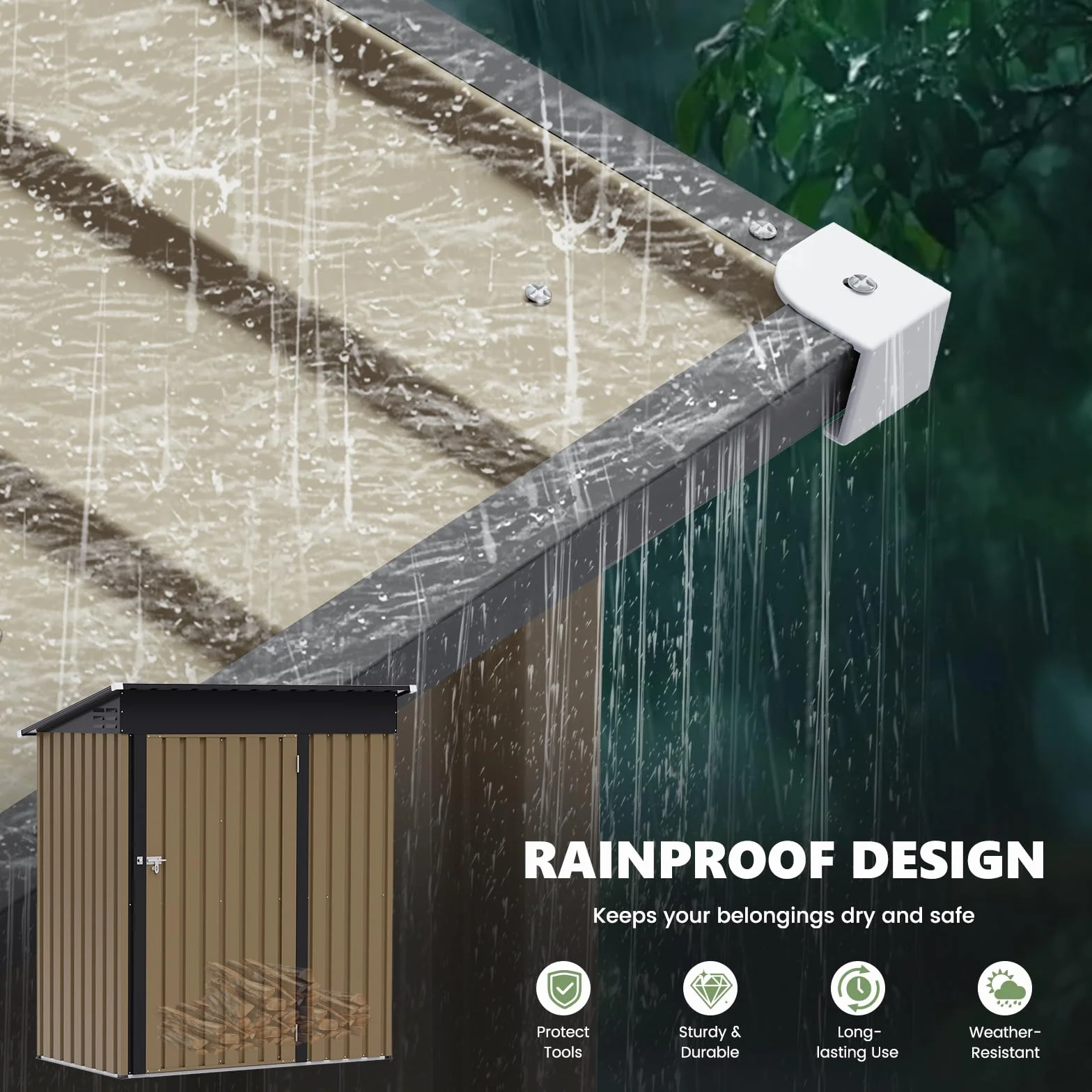 UDPATIO Abri de Jardin Métal 164x101x181 cm Cabane Extérieur Toit Incliné Serrure Rangement Outils Vélo Marron