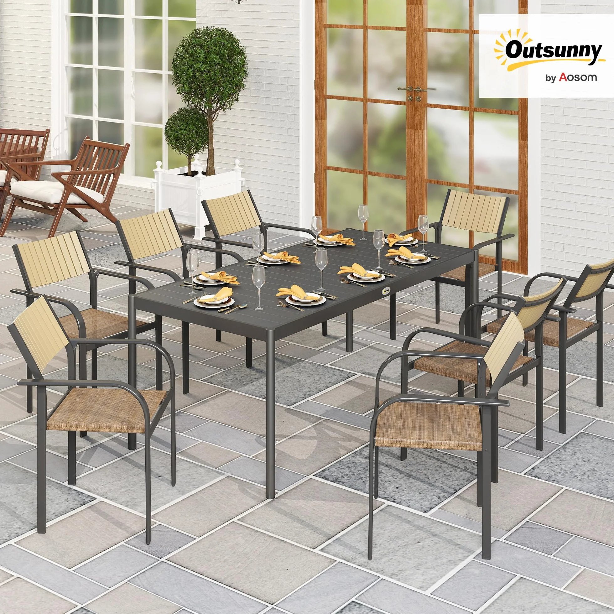 Outsunny Table à Manger de Jardin en Acier pour 8 Personnes, Plateau à Lattes Rectangulaire, Anti-Rouille, Gris Foncé