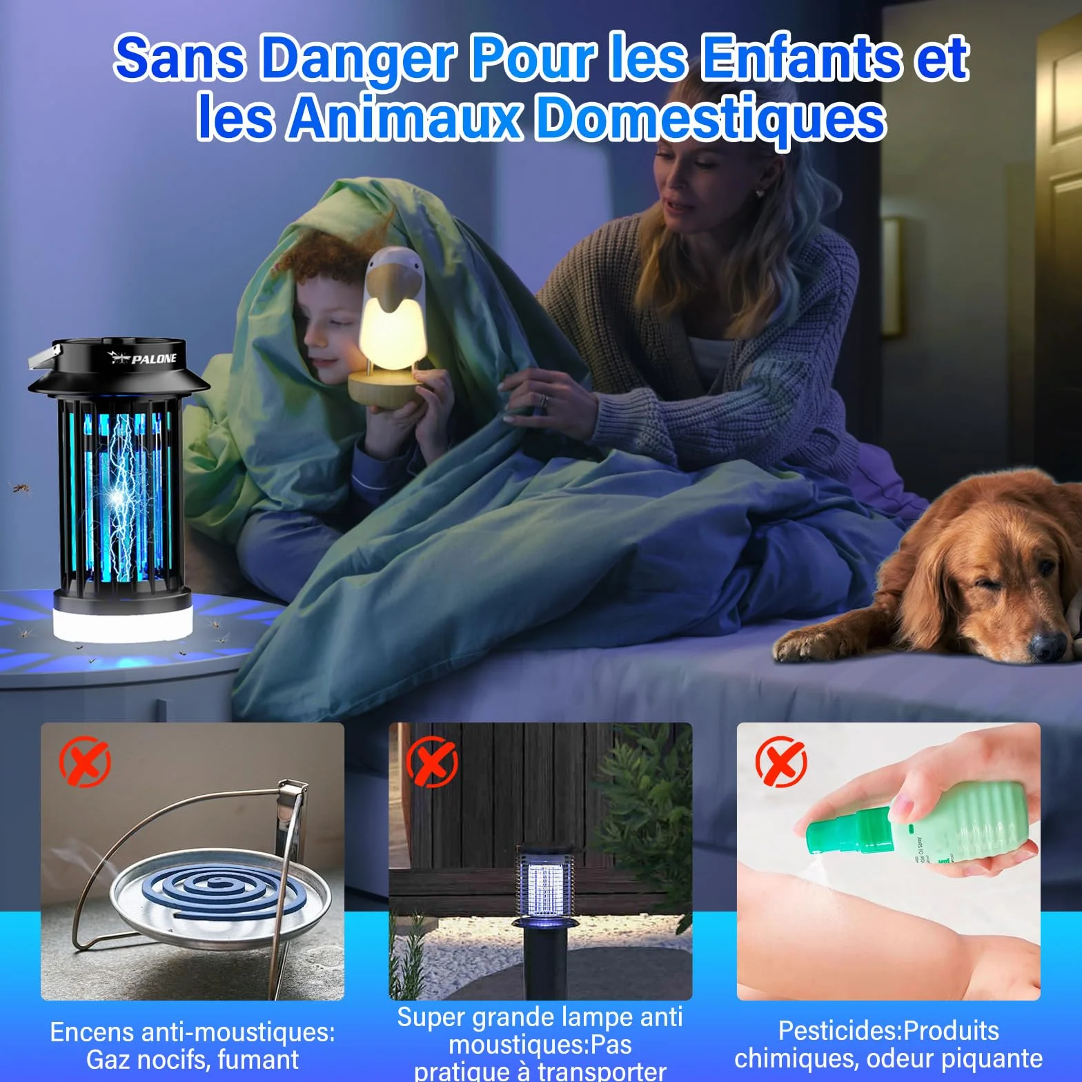 PALONE Lampe Anti Moustique USB-C Tue Mouche Électrique LED Portable UV 4200V 140 m²