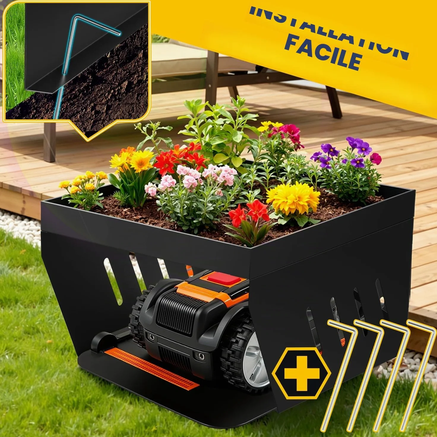 Garage pour robot tondeuse avec bac à plantes, toit en acier revêtu par pulvérisation pour robot à gazon, avec 4 ancrages au sol pour un maintien résistant aux tempêtes, protection contre la