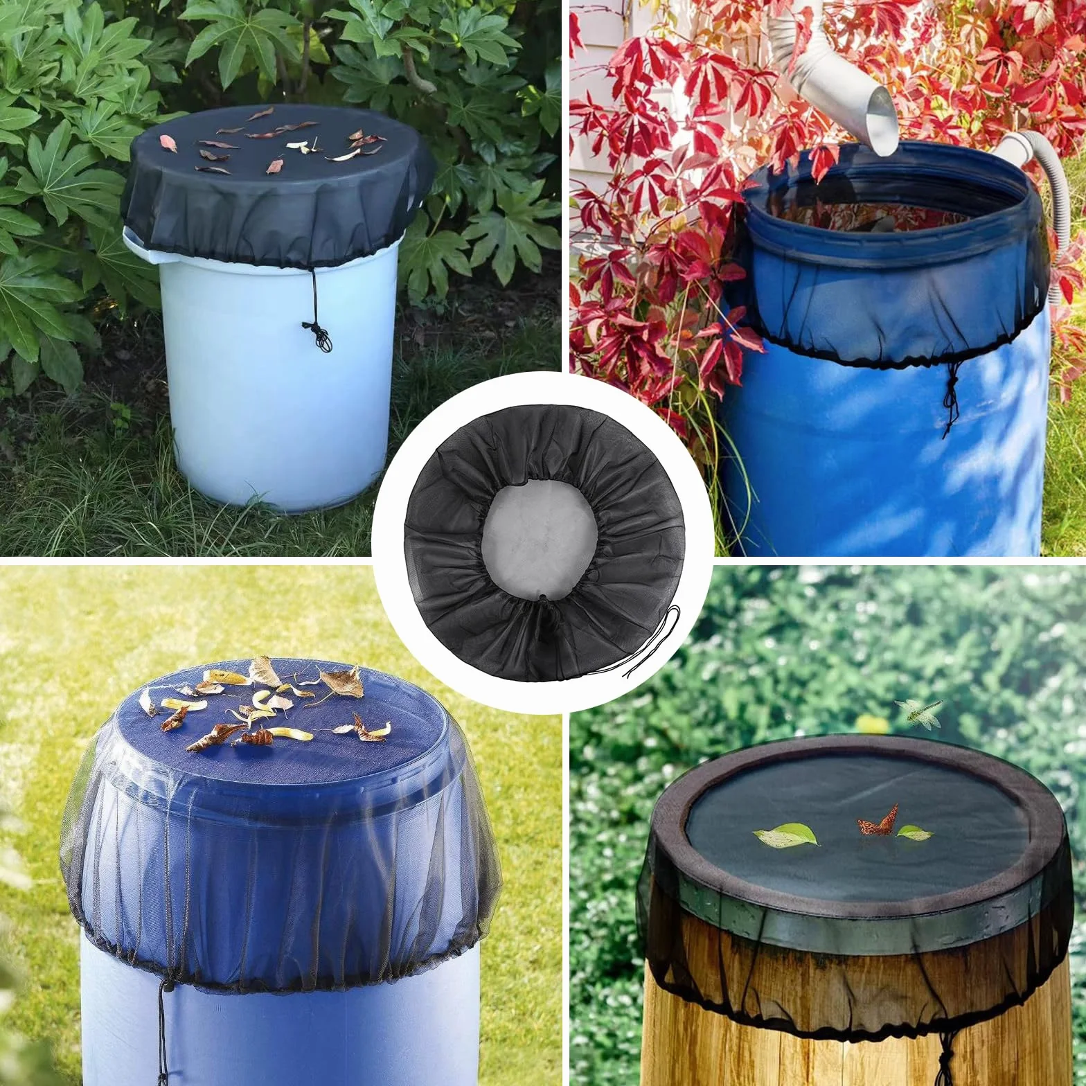 Filet Tonneau Eau de Pluie Ronde 95cm, Protection Réglable avec Élastique pour Jardin