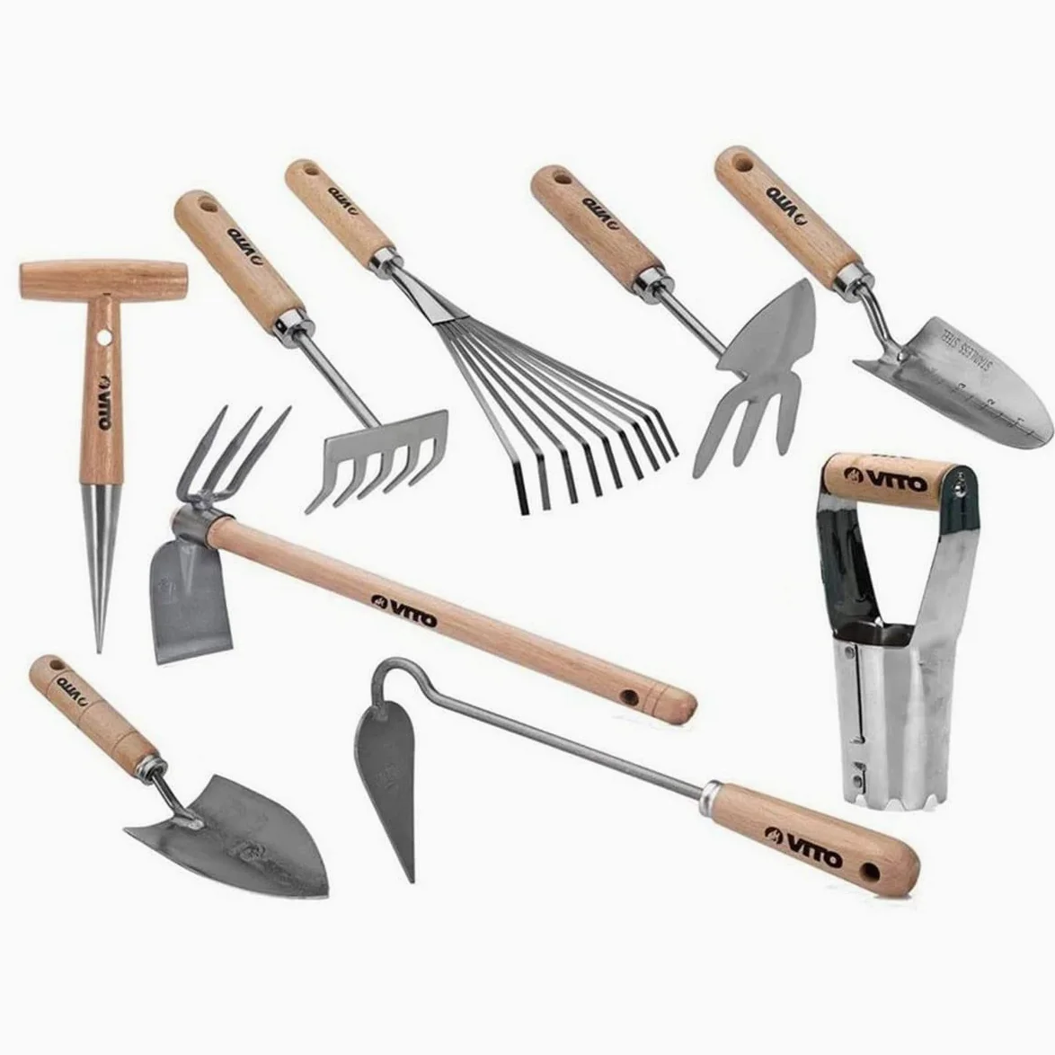 VITO - Kit 9 Outils de Jardin Manche Bois INOX et Fer forgés à la Main Outils de Jardin