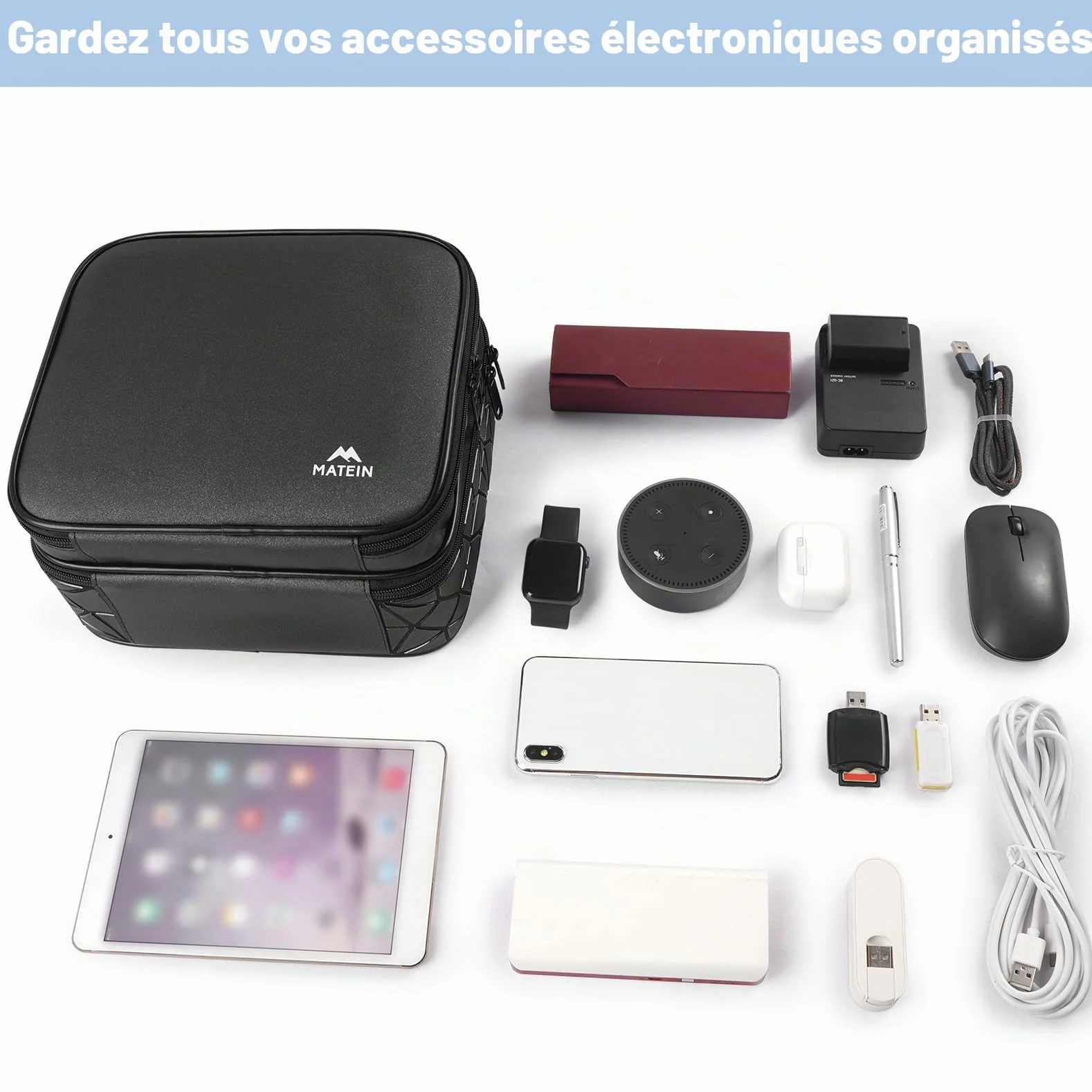 MATEIN Sac de Rangement de câbles étanche avec séparateur réglable résistant aux Chocs Portable Double Couche pour Cordon écouteurs Chargeur