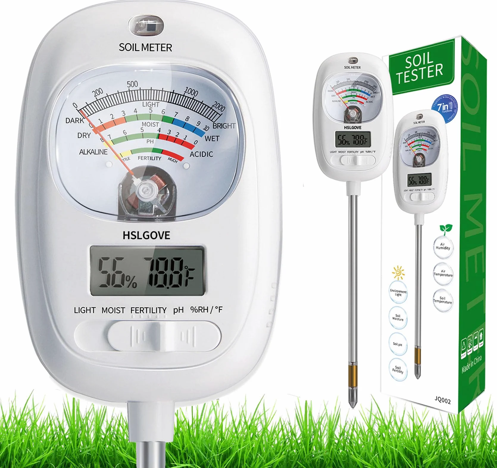 HSLGOVE Kit de test de sol, testeur d'humidité du sol 7 en 1, testeur de pH du sol, testeur de sol double écran avec température numérique du sol/température de l'air et humidité pour plantes