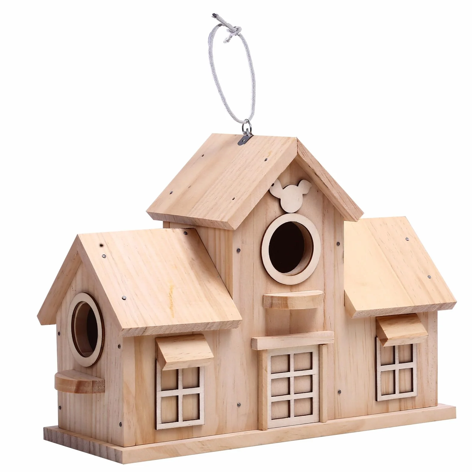 Nichoir à oiseaux décoratif en bois pin naturel double entrée