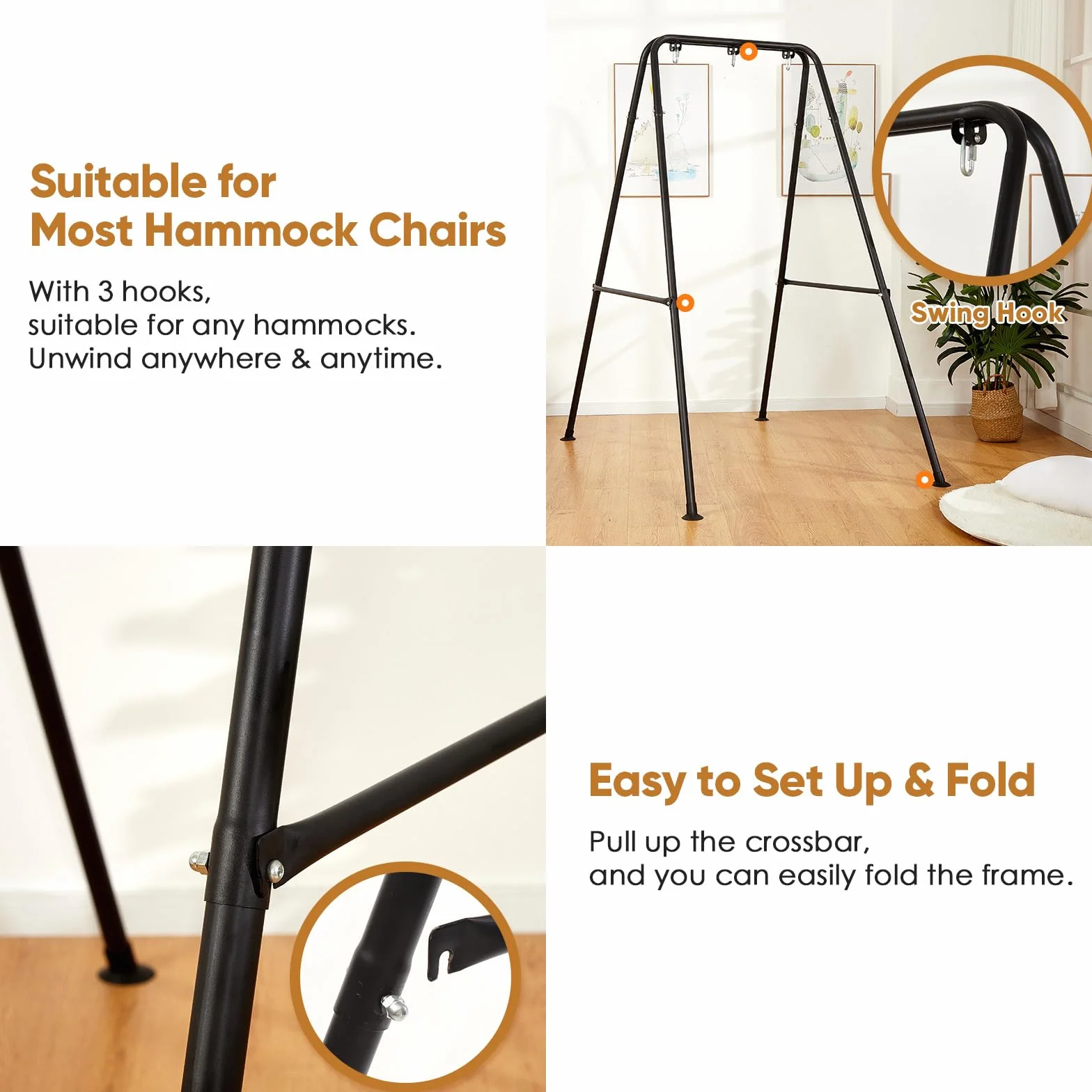 Support de Hamac Pliable Portable Noire pour Intérieur Extérieur Cadre Robuste