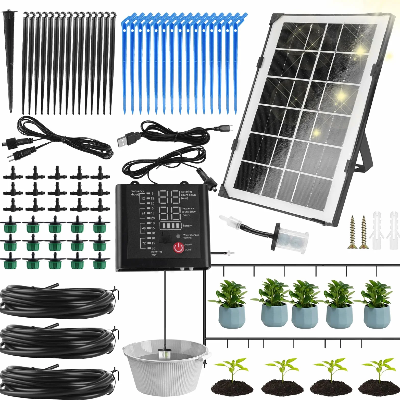 Système d'irrigation solaire, arrosage automatique, système d'irrigation goutte à goutte avec 12 modes de minuterie, capteur d'eau, tuyau de 15 m pour jardin, balcon, plantes, plantes en pot, vacances