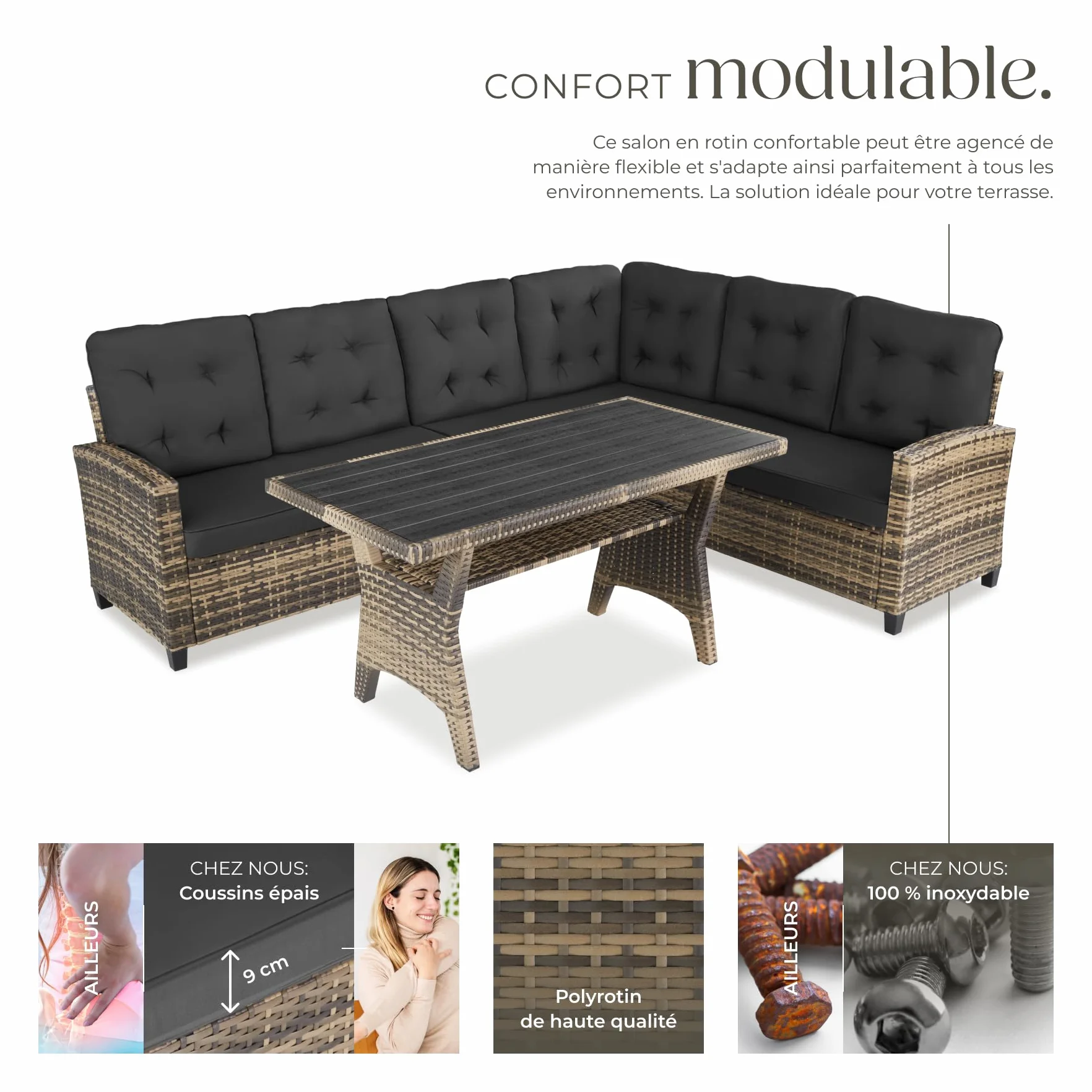tectake Ensemble Salon de Jardin XXL Poly Rotin Canapé 6 Places Table Jardin Mobilier Exterieur