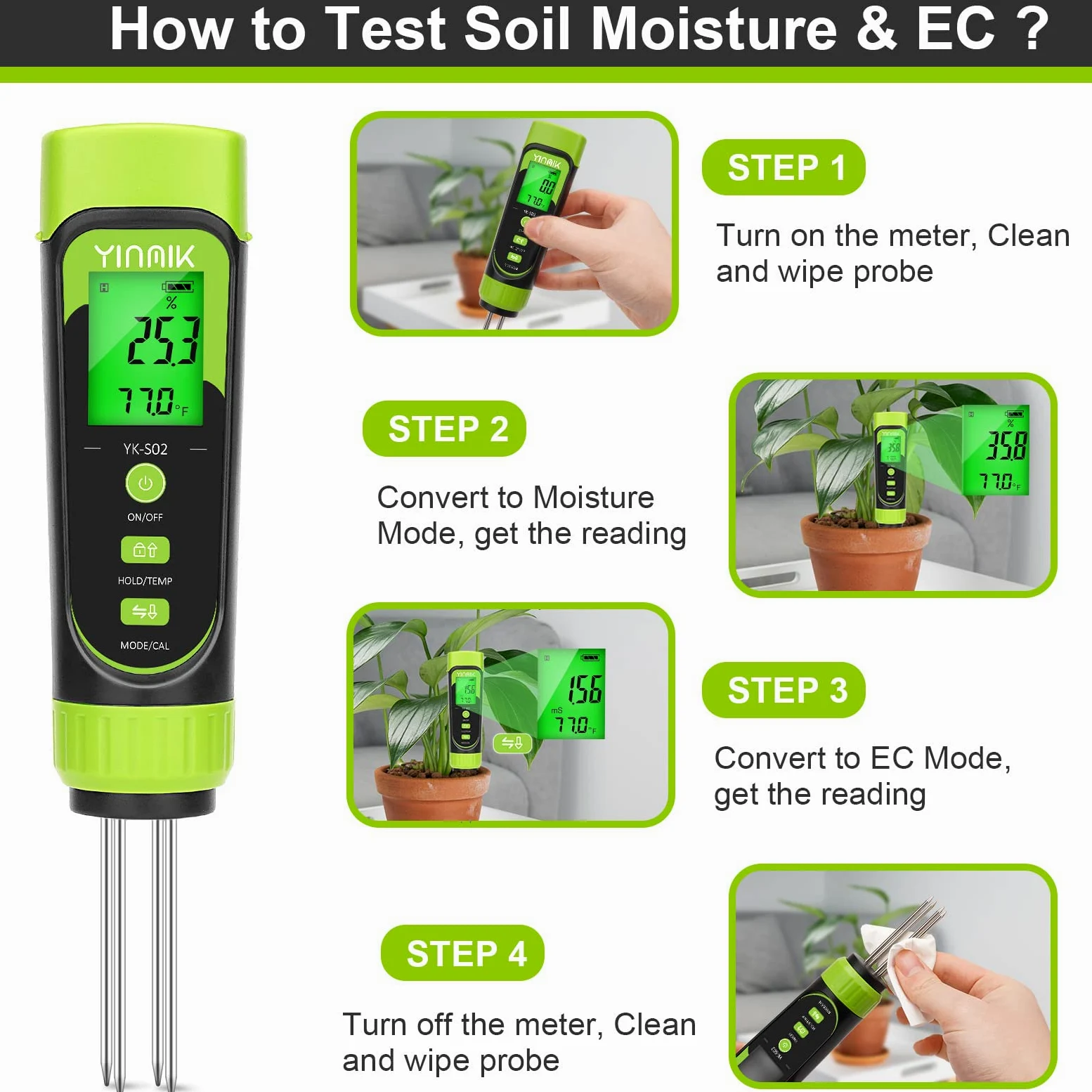 YINMIK Testeur d'humidité du sol numérique 3 en 1 pour surveiller l'eau des plantes d'intérieur, excellent hygromètre pour jardiniers, composteurs, agriculteurs et pépinières