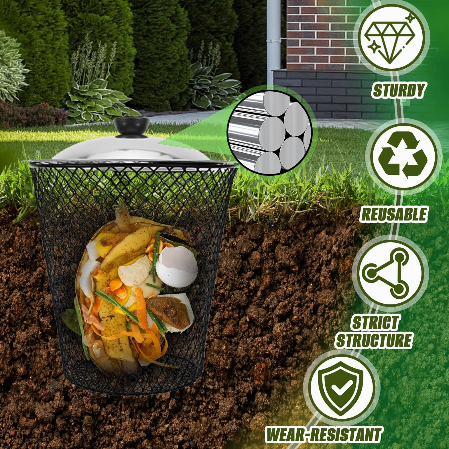 Composteur De Jardin 2 en 1, Lot De 6 Composteurs en Maille Métallique avec Couvercle Cloche De Protection pour Plantes Et Bac À Compost Protection Contre Les Animaux pour Potager Et Jardin