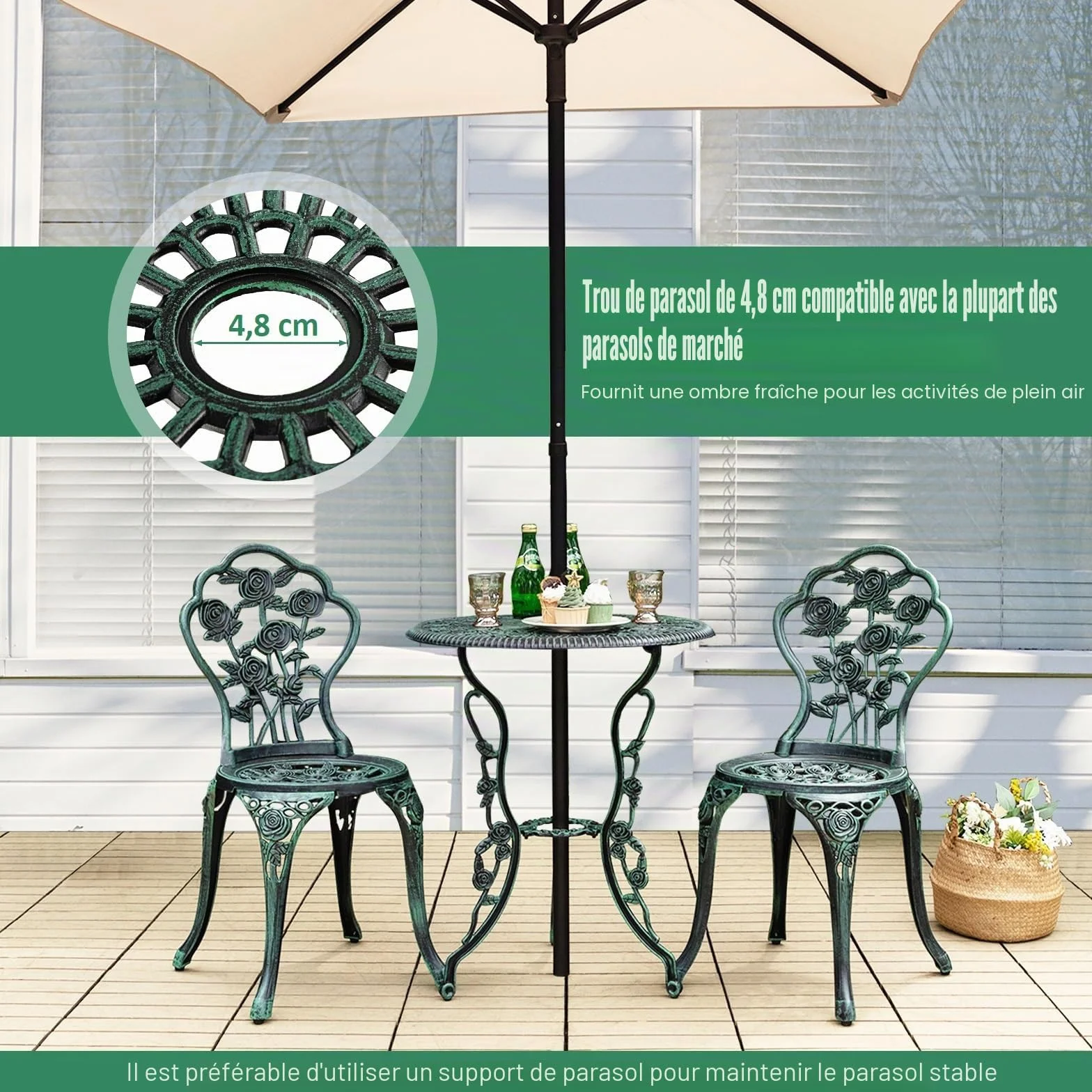 Salon de Jardin 2 Personnes Fonte Aluminium Table Extérieure avec 2 Chaises Trou Parasol Motif Rose Vert