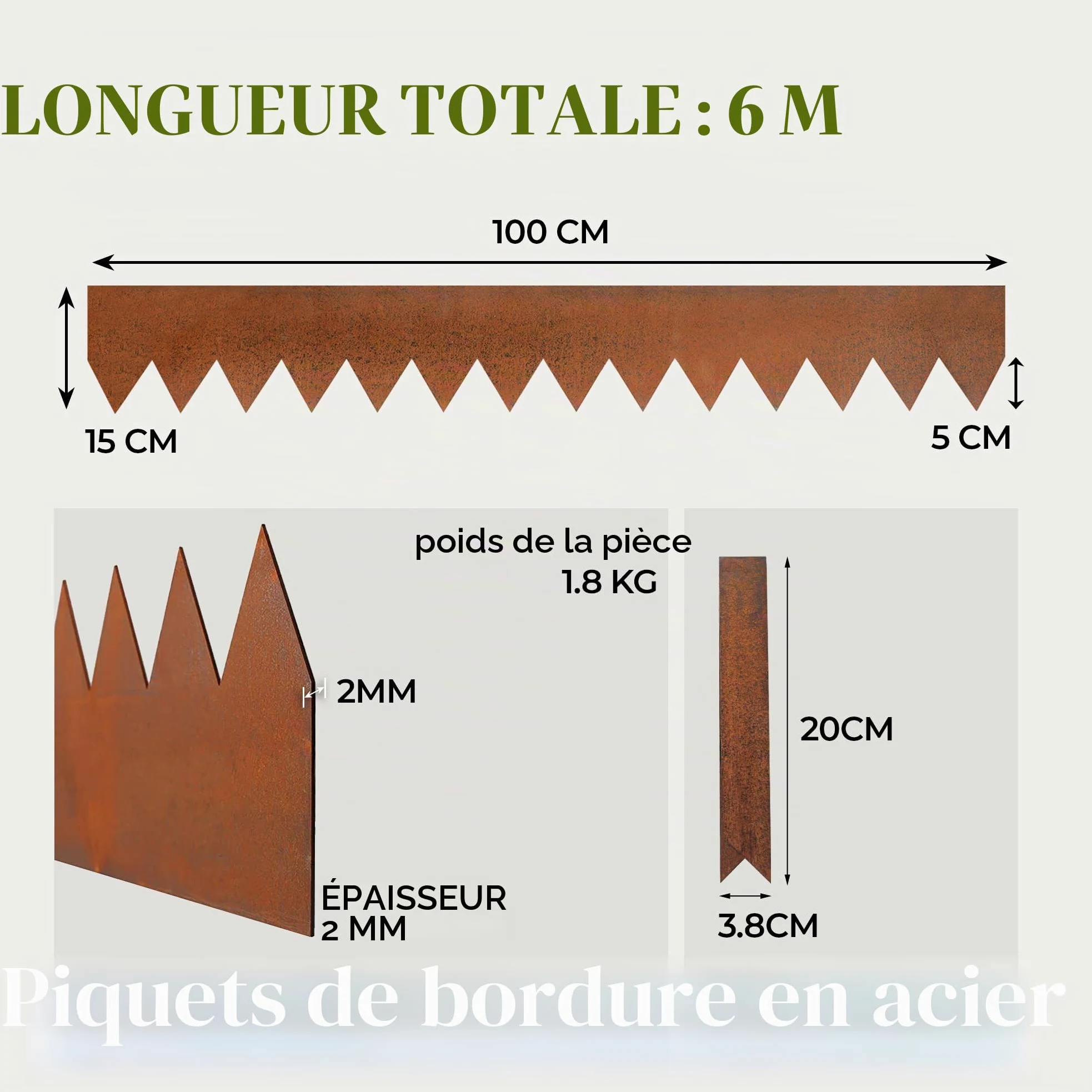 Corten Lot de 6 Bordures de pelouse en Acier résistant aux intempéries 1 m L x 15 cm H/Rouille Borderline Bordure de Jardin en Acier Bordure décorative (6-Pack (Hauteur:15cm))
