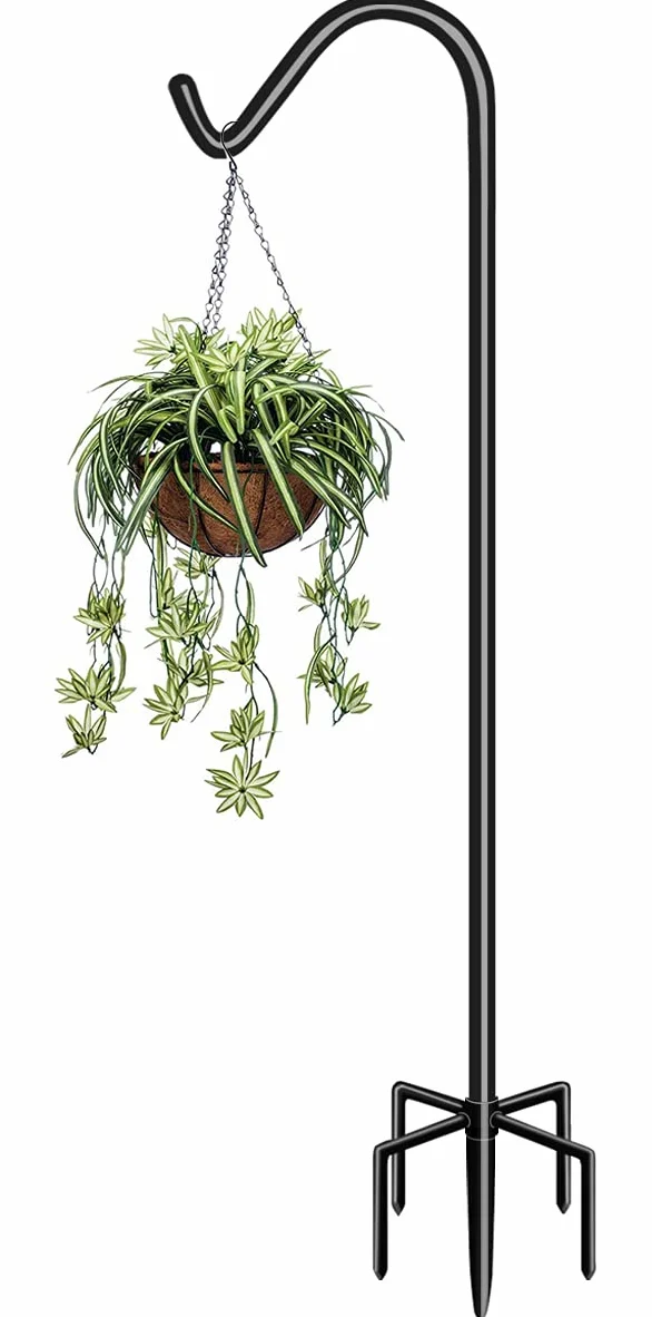 Garbuildman Lot de 1 crochet de berger de 233,7 cm de haut avec base à 5 fourchettes, support réglable et robuste pour mangeoire à oiseaux, pour extérieur, noir brillant